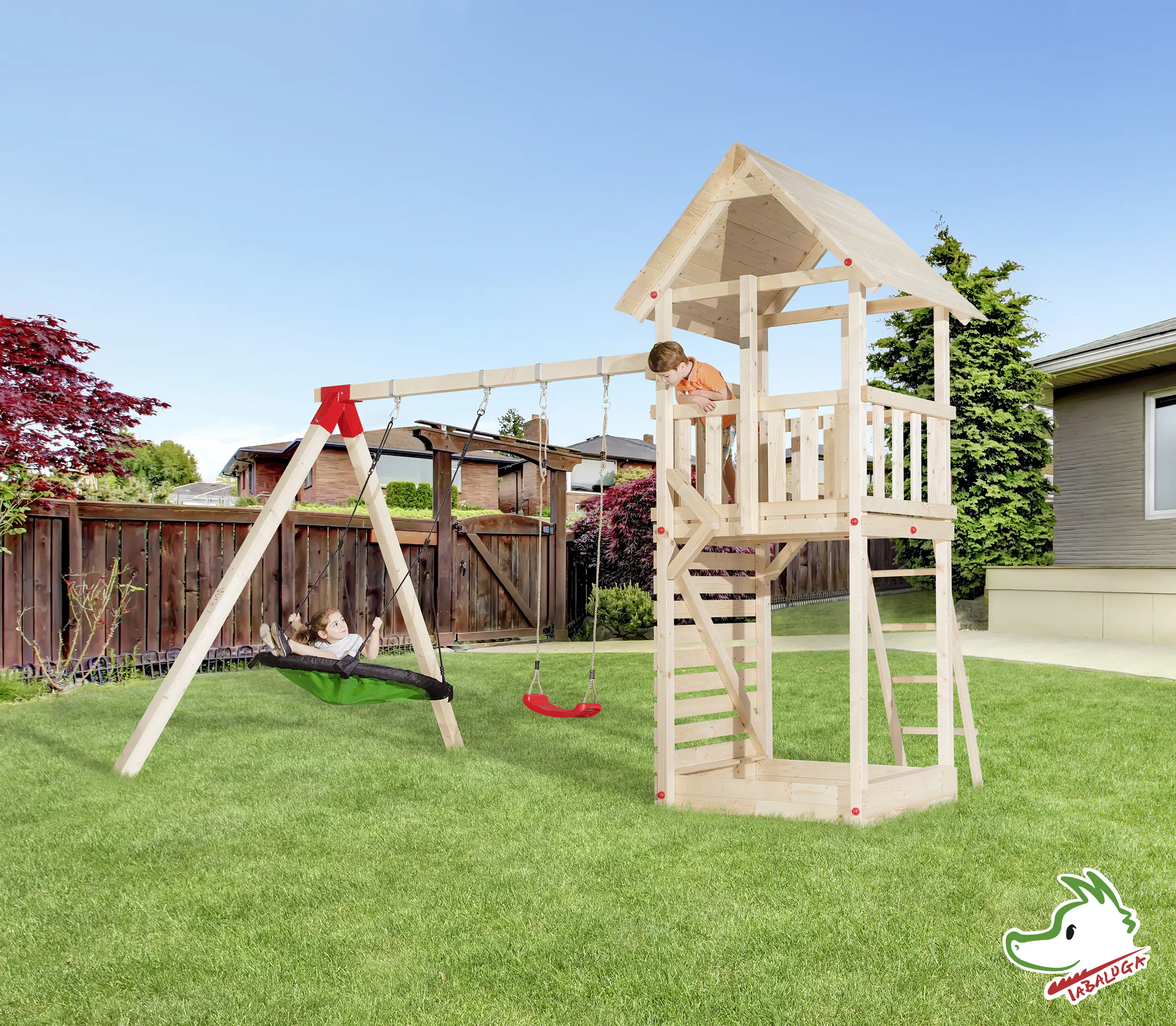 Weka Spielturm Tabaluga 405 x 290 x 331 cm mit Schaukel, Sandkasten, Schaukelnetz