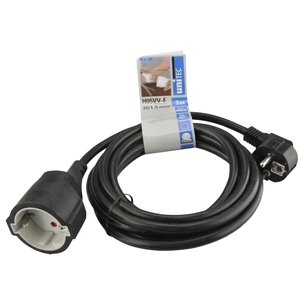 Unitec Verlängerungskabel Innen 3 Meter H05VV-F3G1,5, schwarz Unitec Verlängerungskabel Innen 3 Meter H05VV-F3G1,5, schwarz