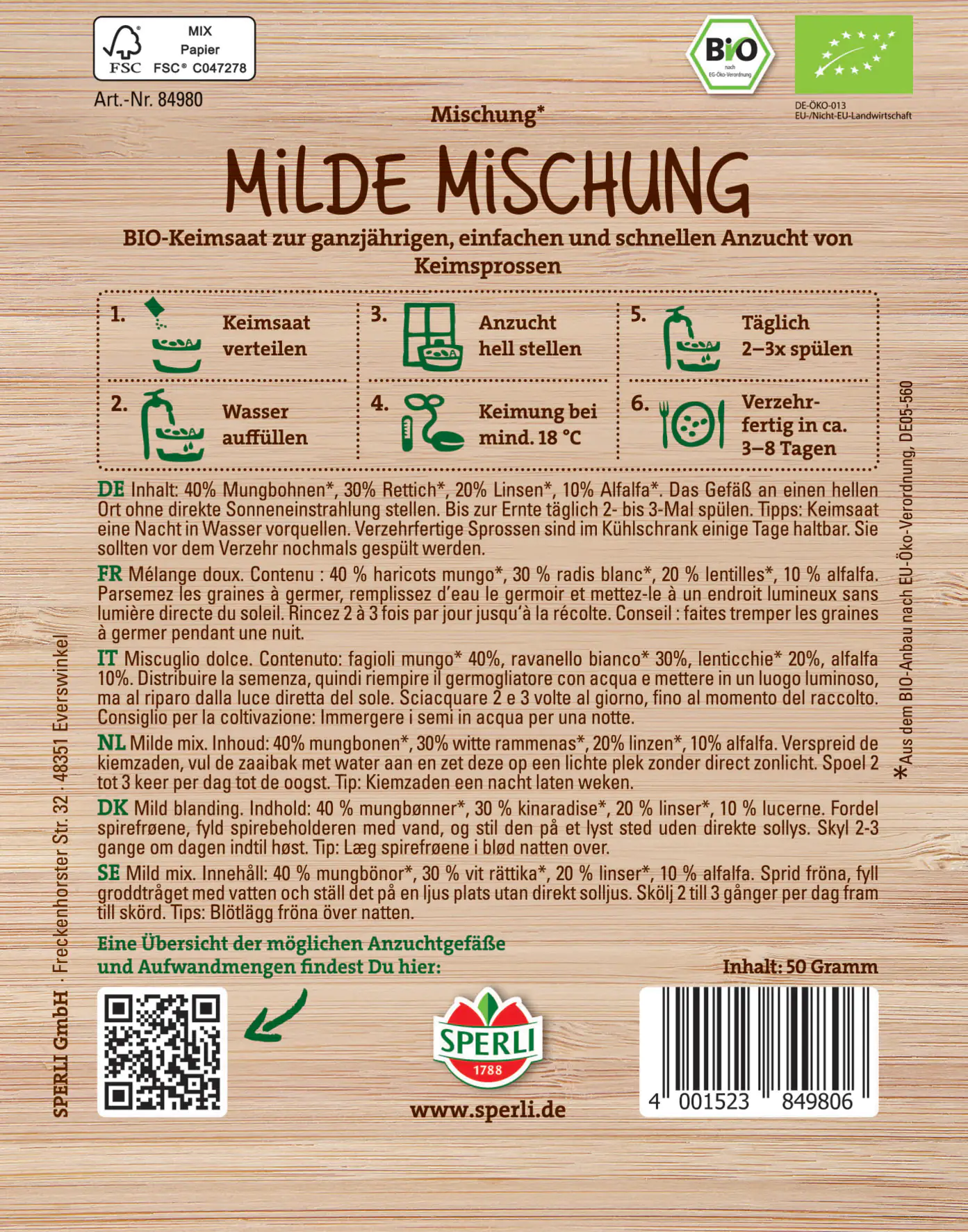 Sperli BIO Keimsprossen-Saat Milde Mischung
