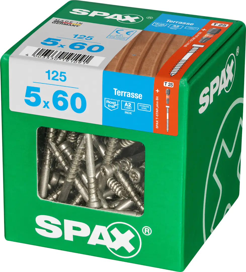 Spax Terrassenschrauben 5.0 x 60 mm TX 25 - 125 Stk. Spax Terrassenschrauben 5.0 x 60 mm TX 25 - 125 Stk.