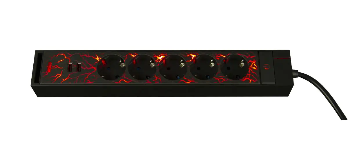 REV Gaming LED Steckdosenleiste 5fach 1,4 m mit 2 USB-Ports, Farbwechsel
