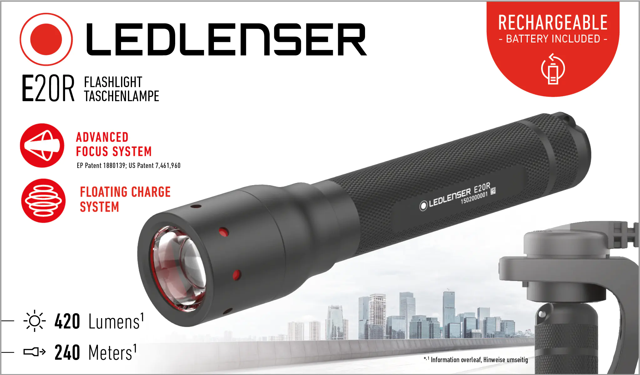 Ledlenser LED Taschenlampe E20R schwarz, 420 lm