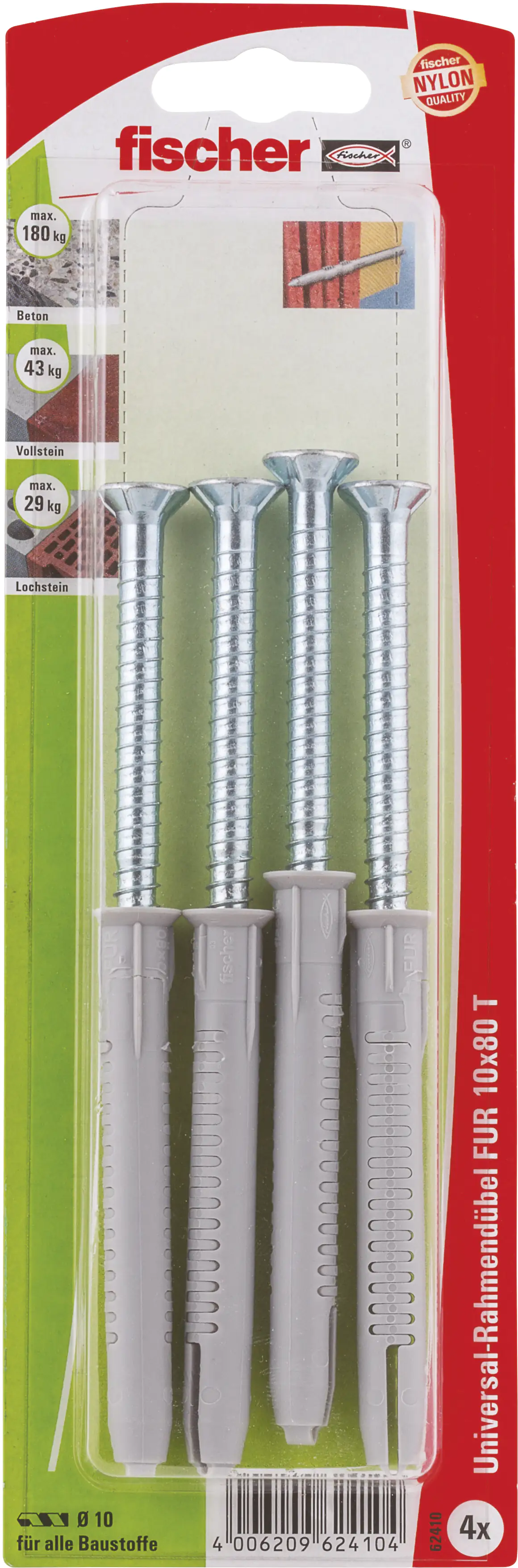 4006209624104 Fischer Langschaftdübel FUR 10.0 x 80 mm - 4 Stück