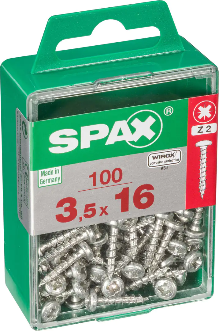 Spax Universalschrauben 3.5 x 16 mm PZ 2 Rundkopf - 100 Stk. Spax Universalschrauben 3.5 x 16 mm PZ 2 Rundkopf - 100 Stk.