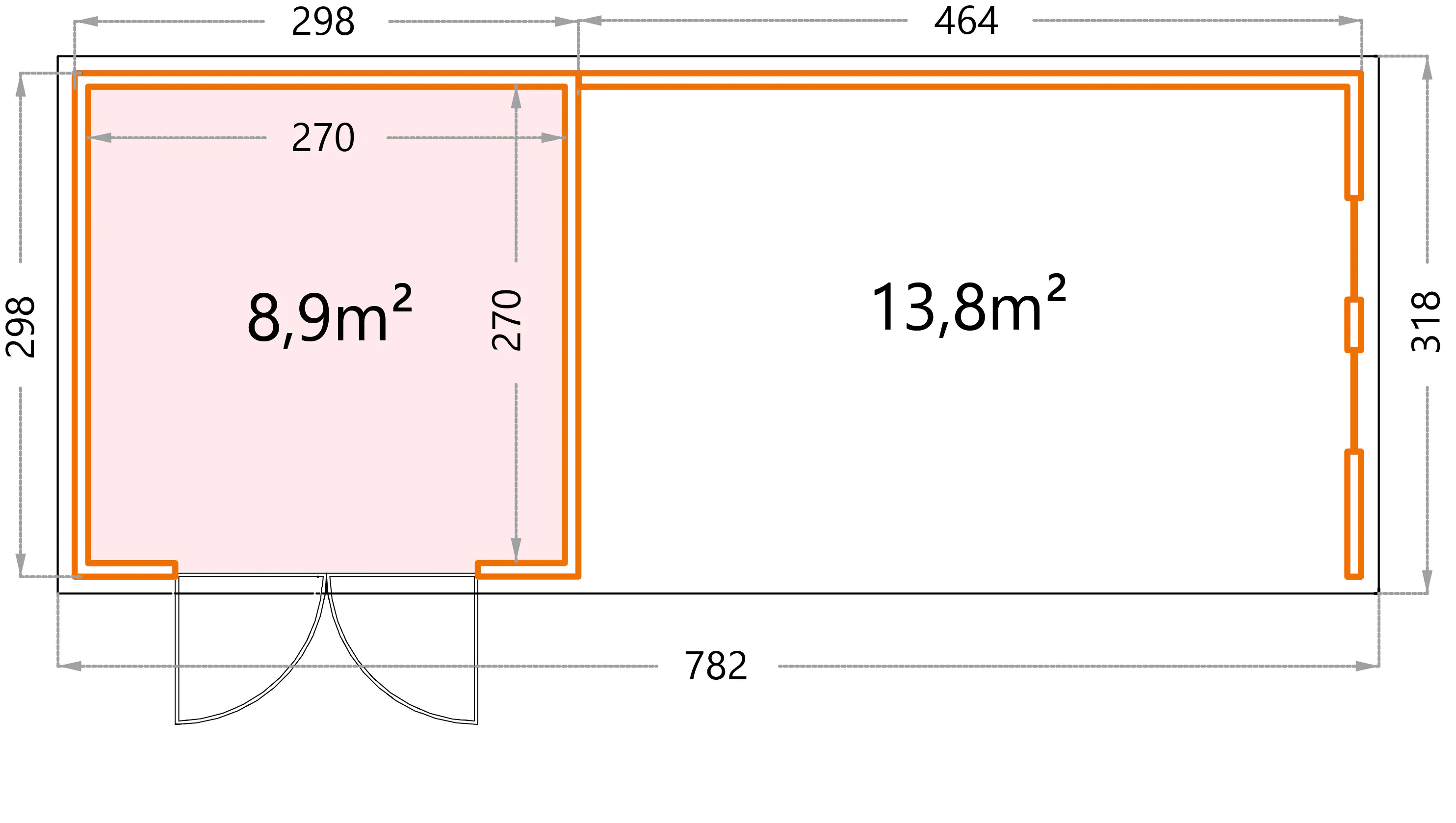 Telluria Gerätehaus Classico Lounge XL mit Fenstern 3030 rechts EW weiß 762 x 298 cm