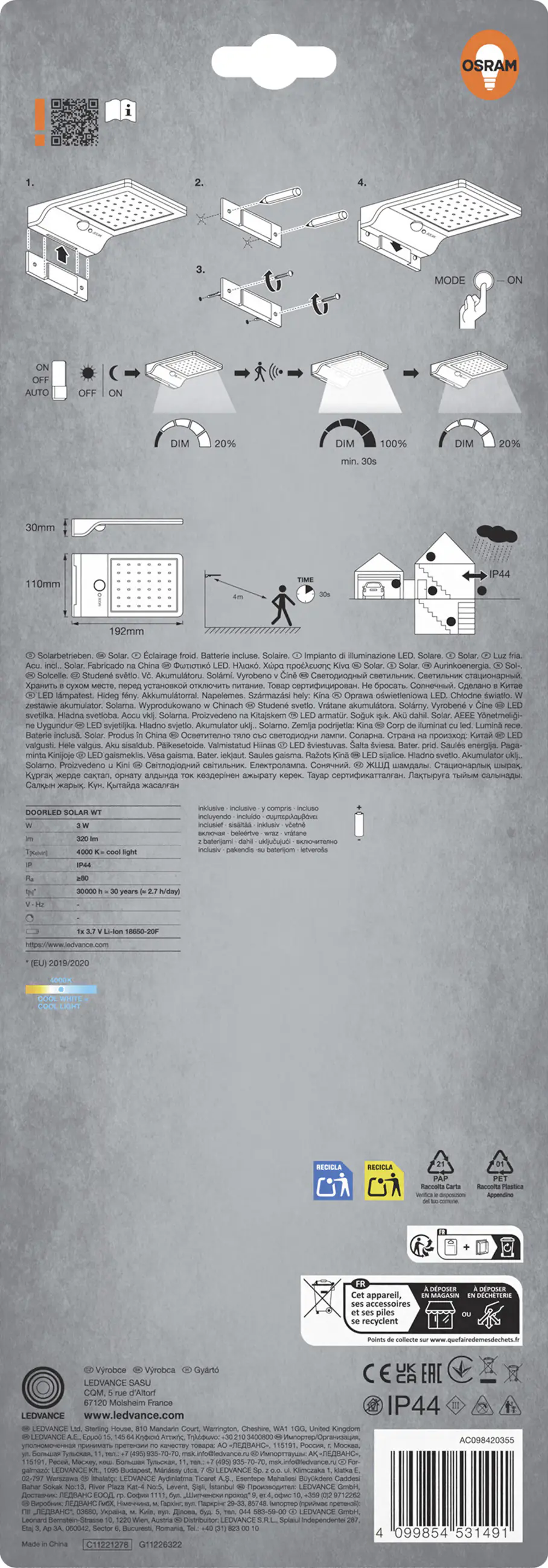 Osram LED-Außenleuchte Doorled Solar 19,2 cm kaltweiß weiß
