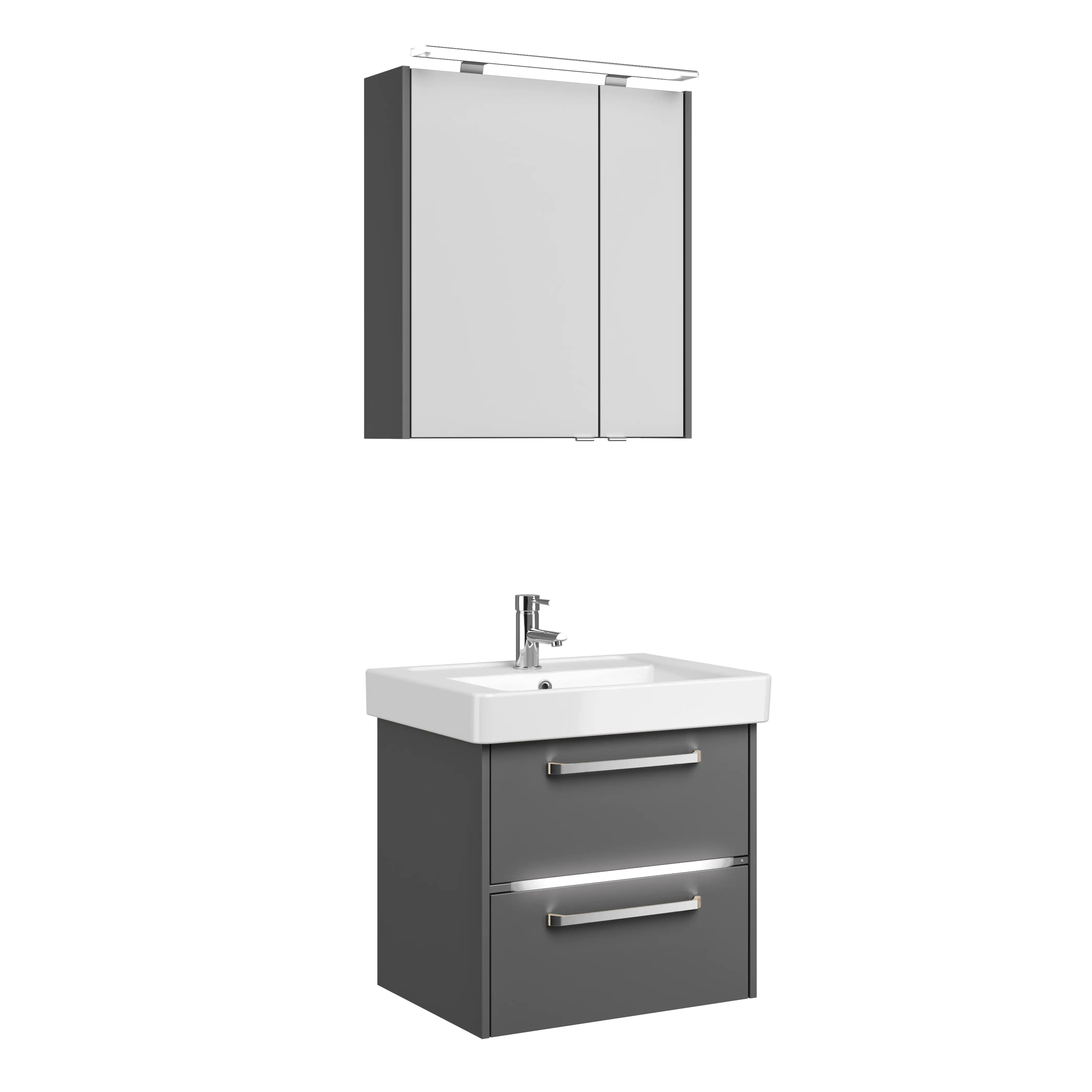 Primaster Badmöbel-Set Berlin grau 65 cm LED-Leuchten, Keramikwaschtisch