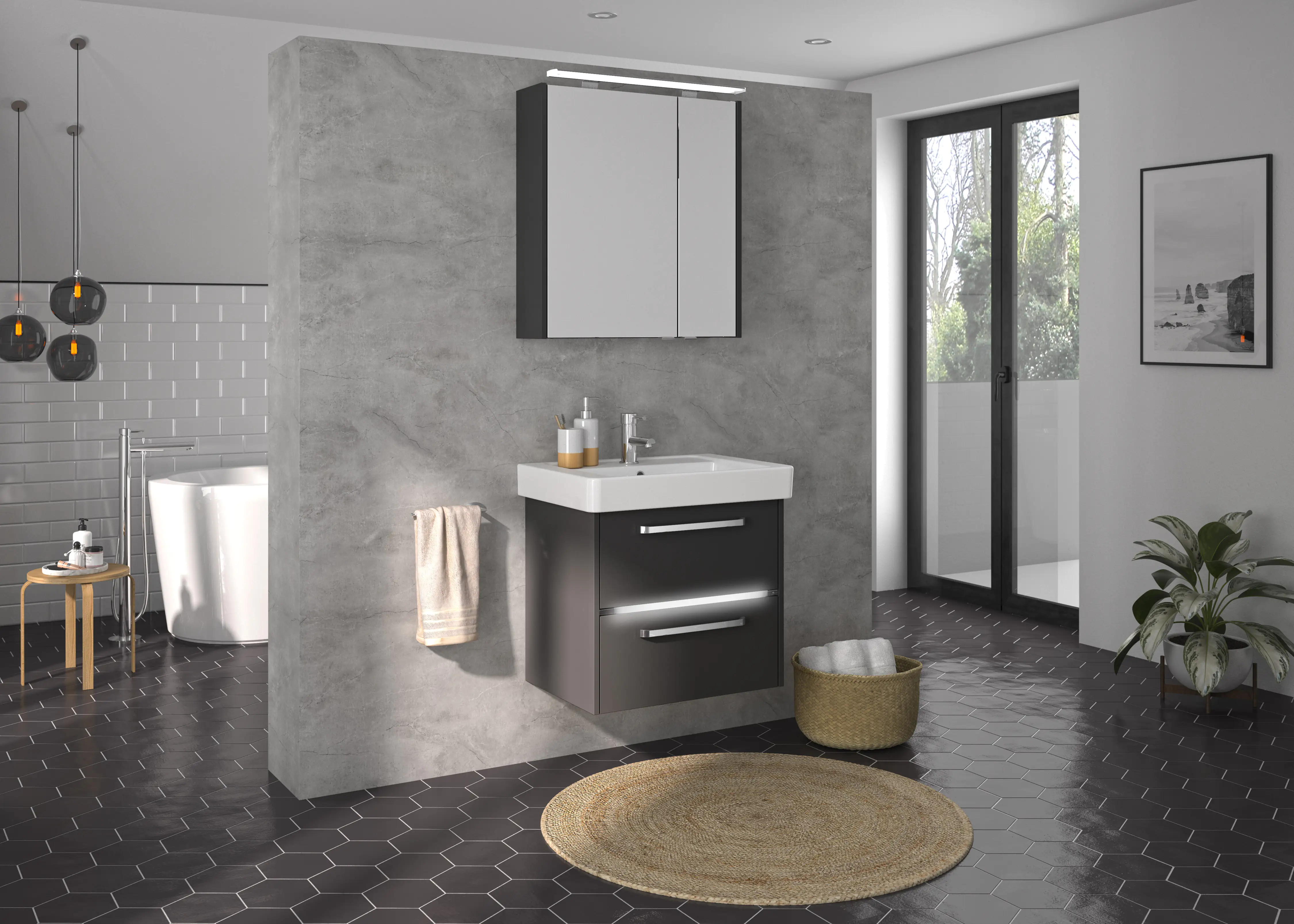 Primaster Badmöbel-Set Berlin grau 65 cm LED-Leuchten, Keramikwaschtisch