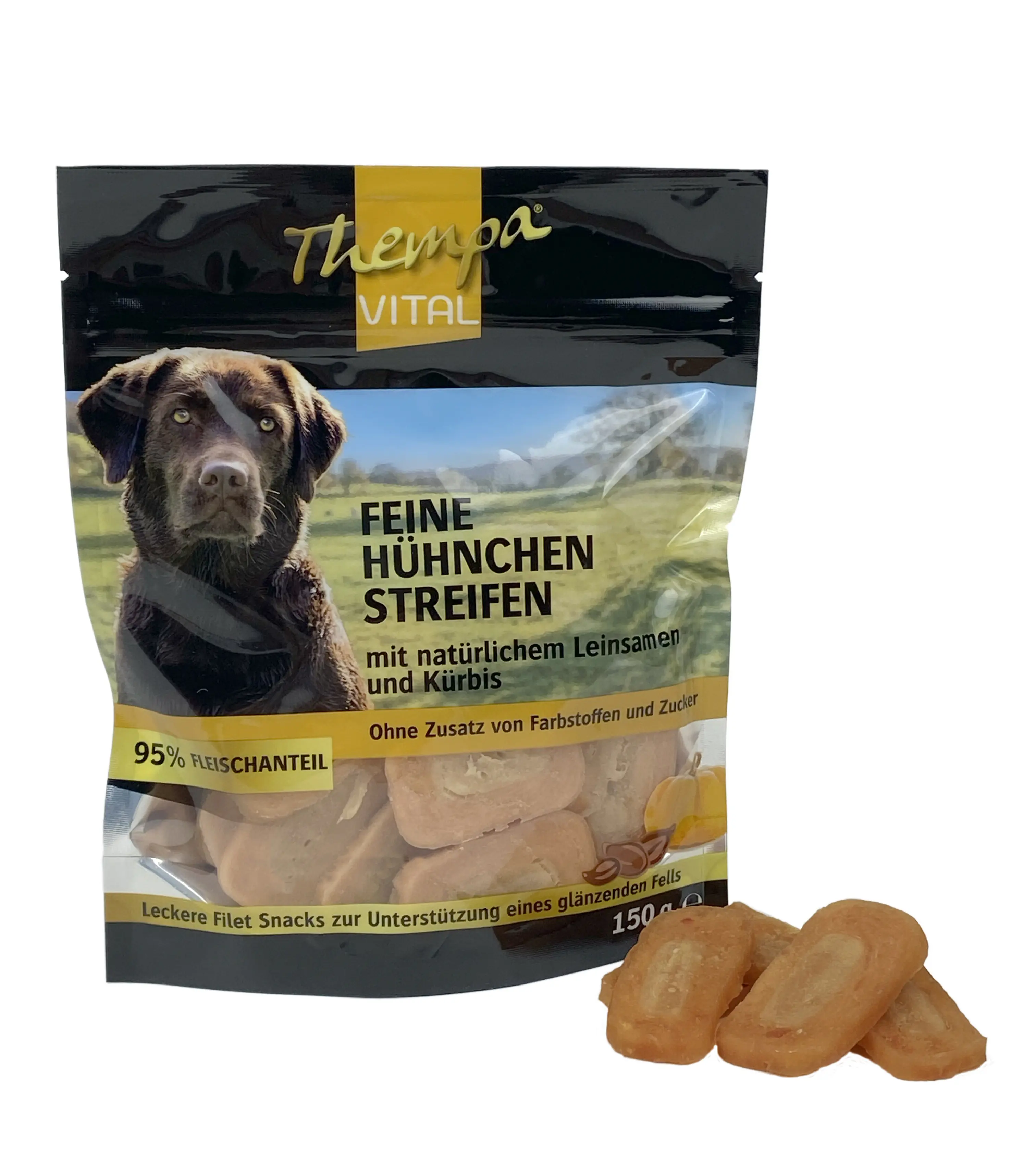 Thempa Vital Hundesnack Adult Hühnchenstreifen mit Leinsamen & Kürbis 150 g Thempa Vital Hundesnack Adult Hühnchenstreifen mit Leinsamen & Kürbis 150 g