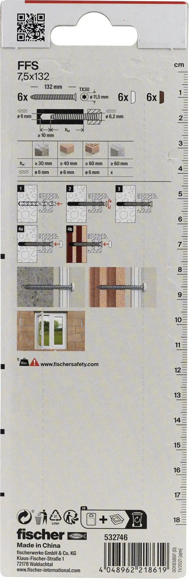Fischer Fensterrahmenschrauben 7,5 x 132 mm TX30 - 6 Stk.