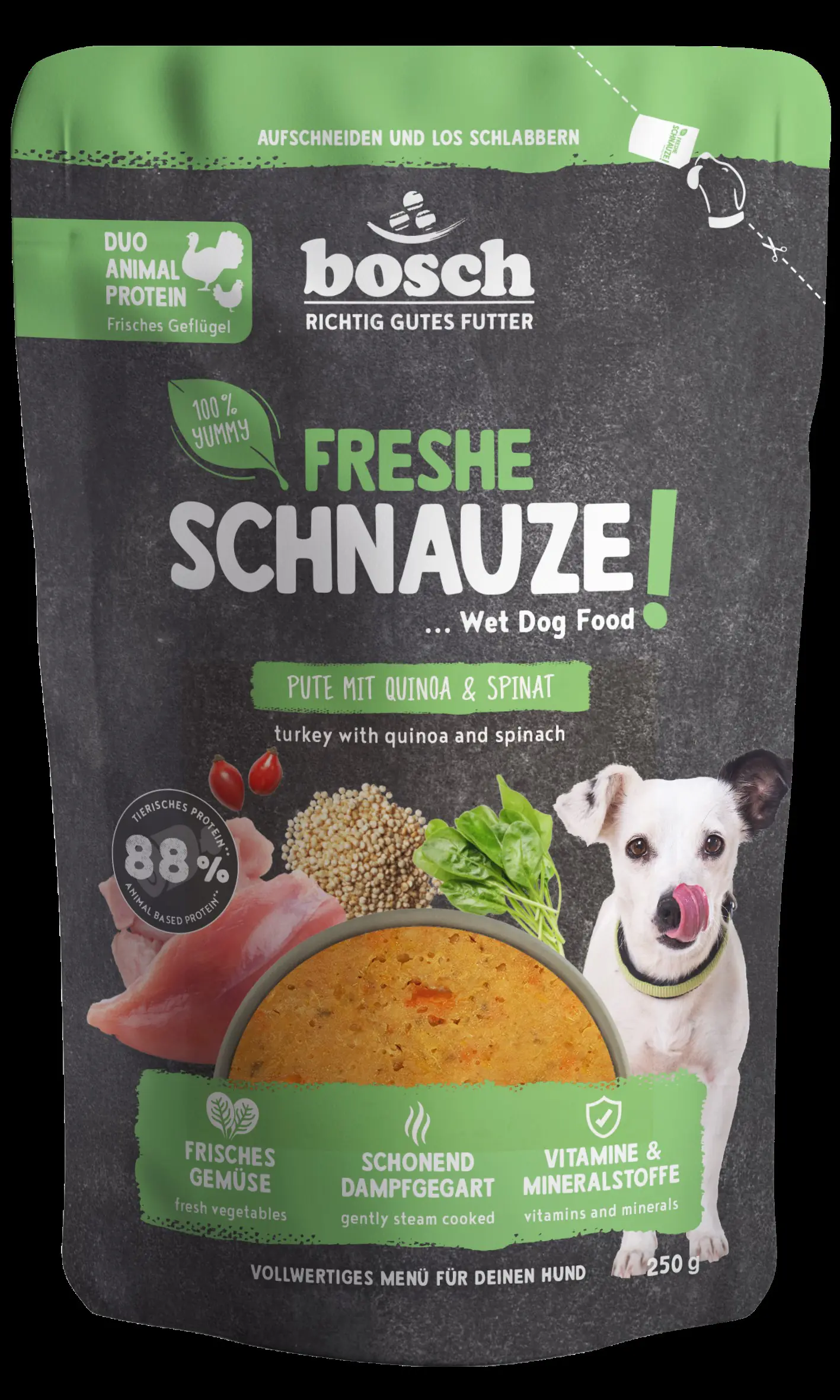 Bosch Freshe Schnauze Hundenassfutter Adult 250 g Pute mit Quinoa & Spinat Bosch Freshe Schnauze Hundenassfutter Adult 250 g Pute mit Quinoa & Spinat
