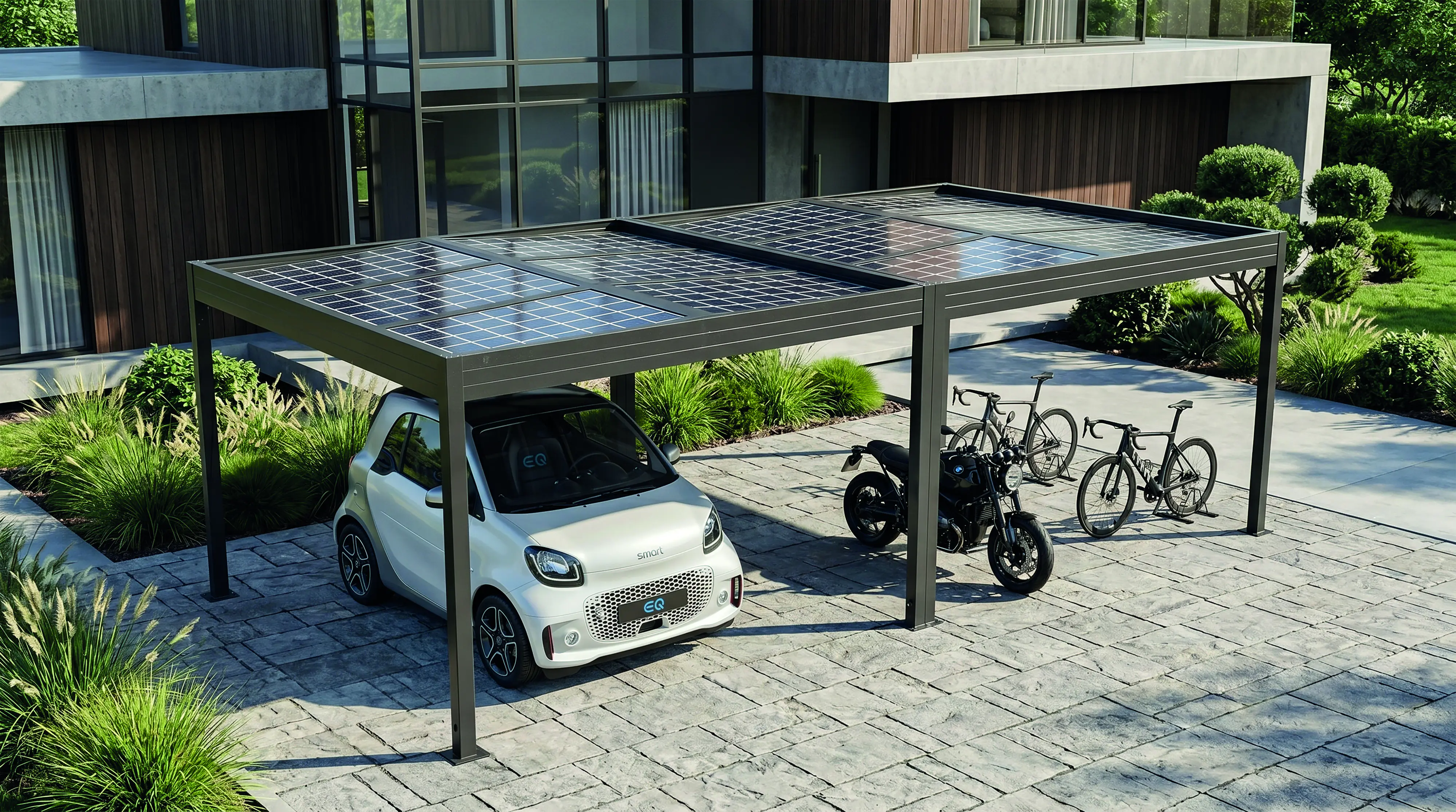 SunElements SunVaro Carport Energy Doppel M 724 x 345 cm mit Photovoltaikdach 250 Wp anthrazit-metallic