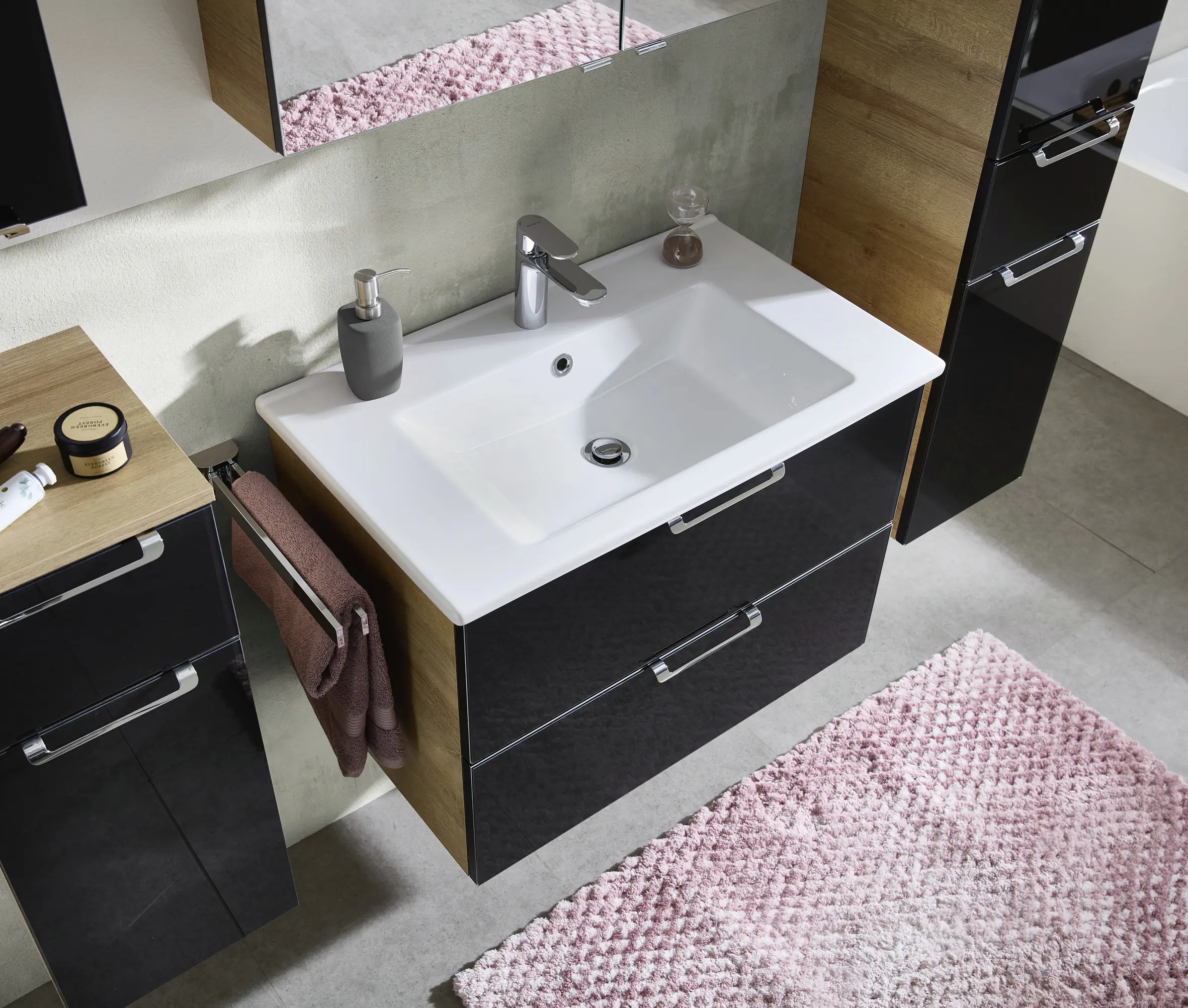 Pelipal Bad-Waschtischunterschrank mit Keramikwaschtisch Münster Riviera Eiche Dekor schwarz 75 x 54 cm