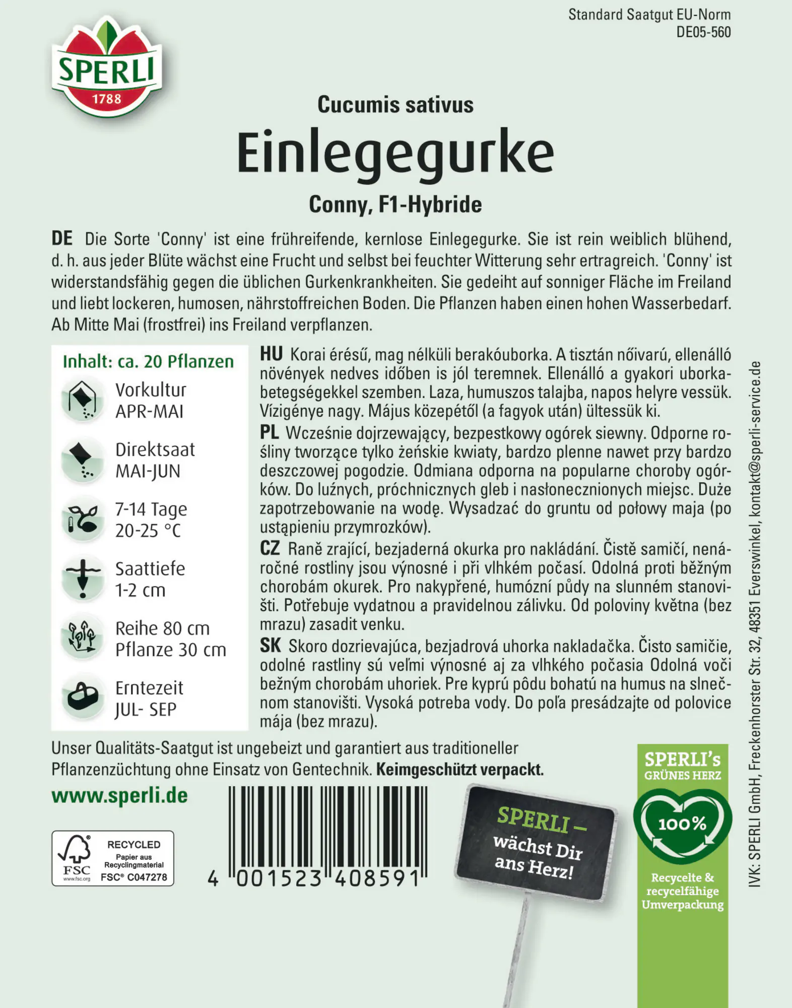 Sperli Saatgut Einlegegurken Conny F1 für ca. 20 Pflanzen