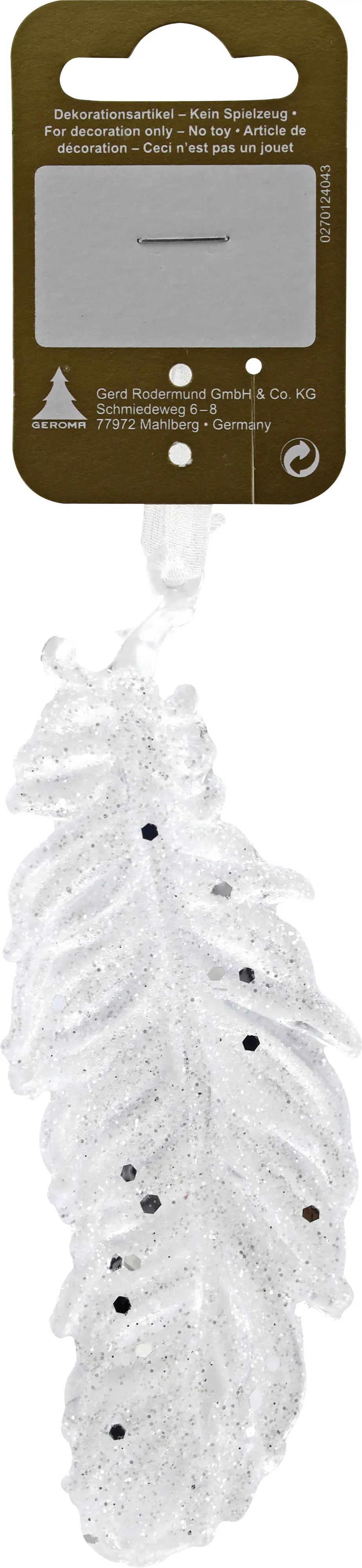 Weihnachtsanhänger Feder aus Kunststoff 14 x 4 cm weiß