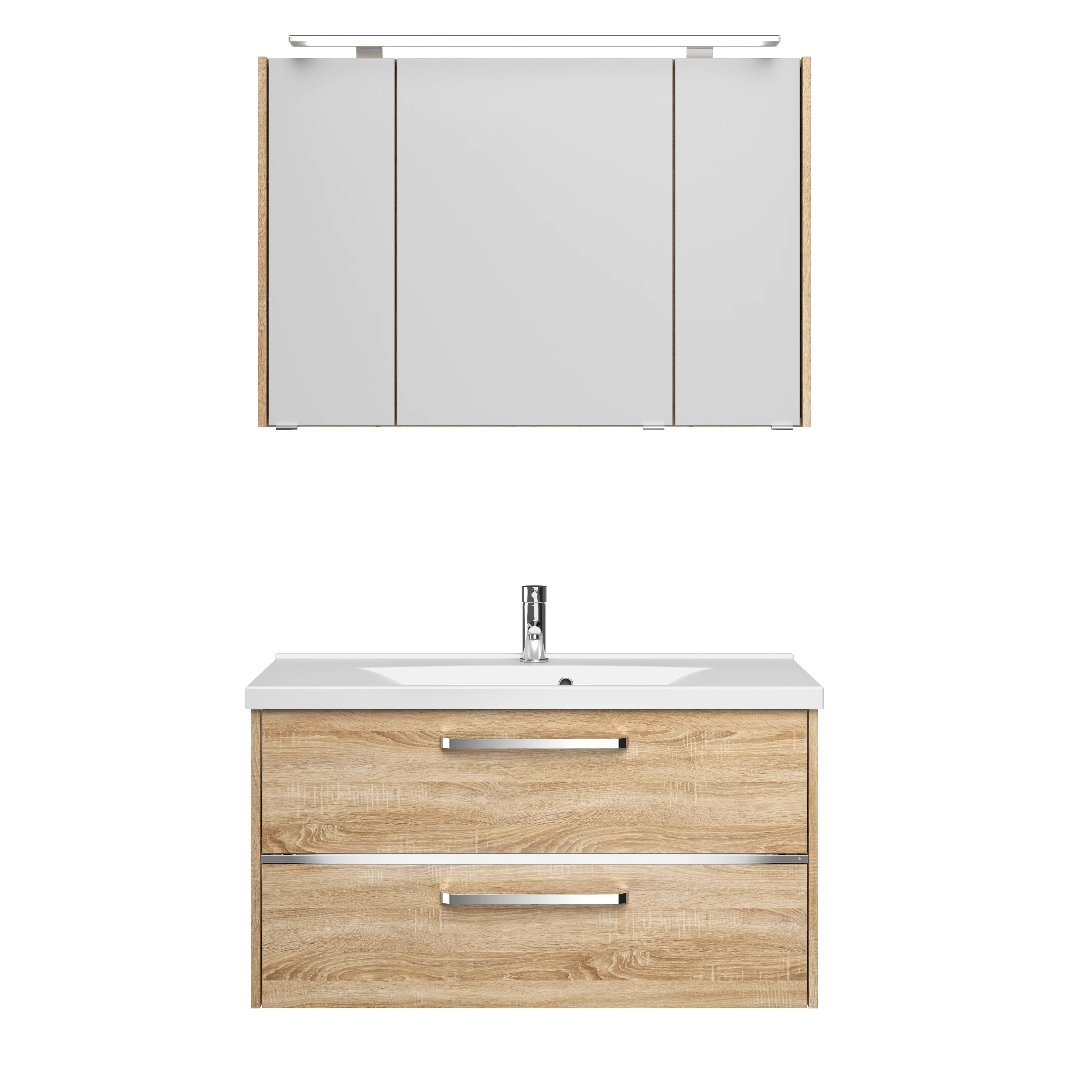 Primaster Badmöbelset Berlin eiche 105 cm LED-Leuchten, Mineralgusswaschtisch