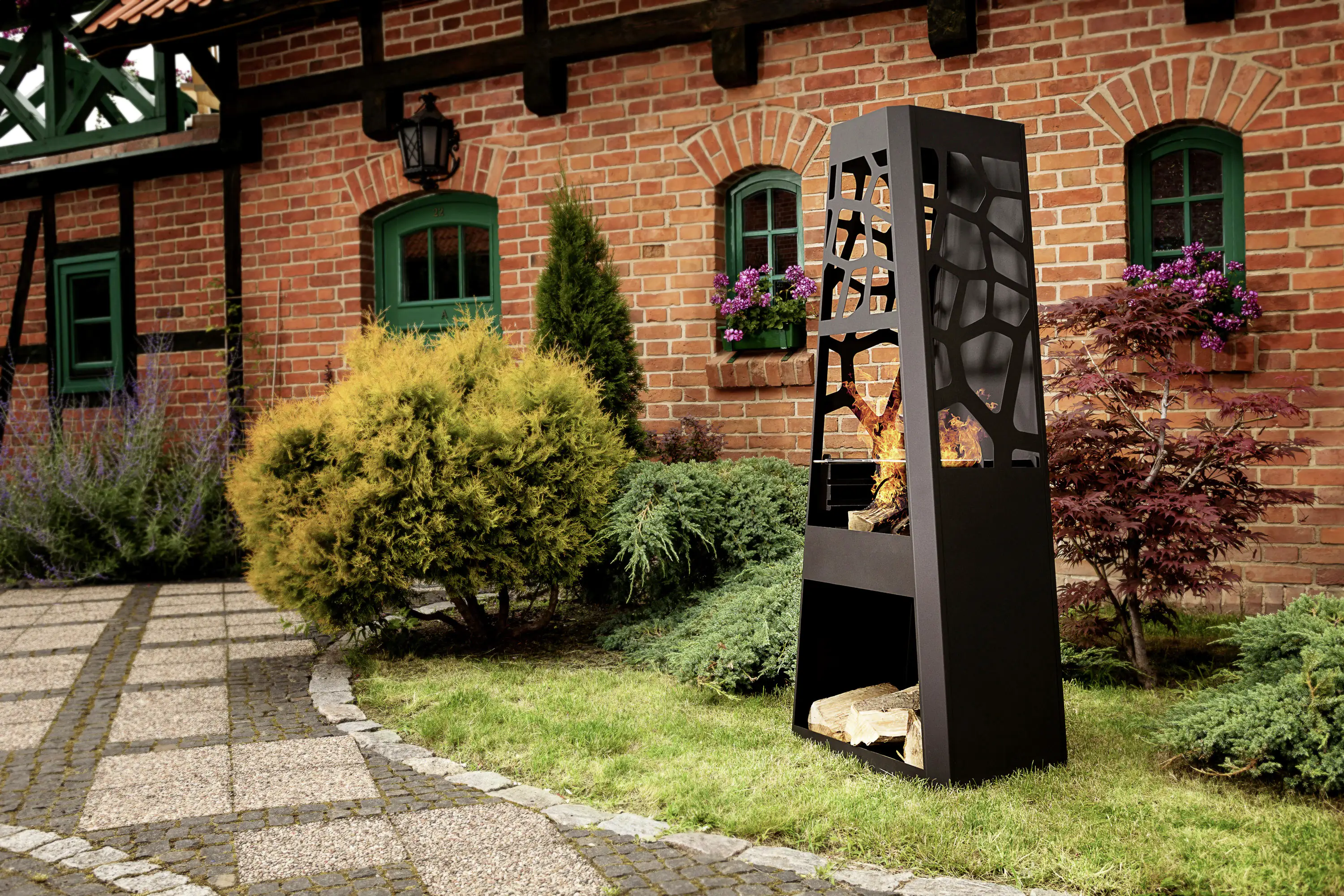 4042085354230_3169514 Dobar Metall-Gartenkamin mit Grillrost schwarz 57,5 x 38 x 148 cm