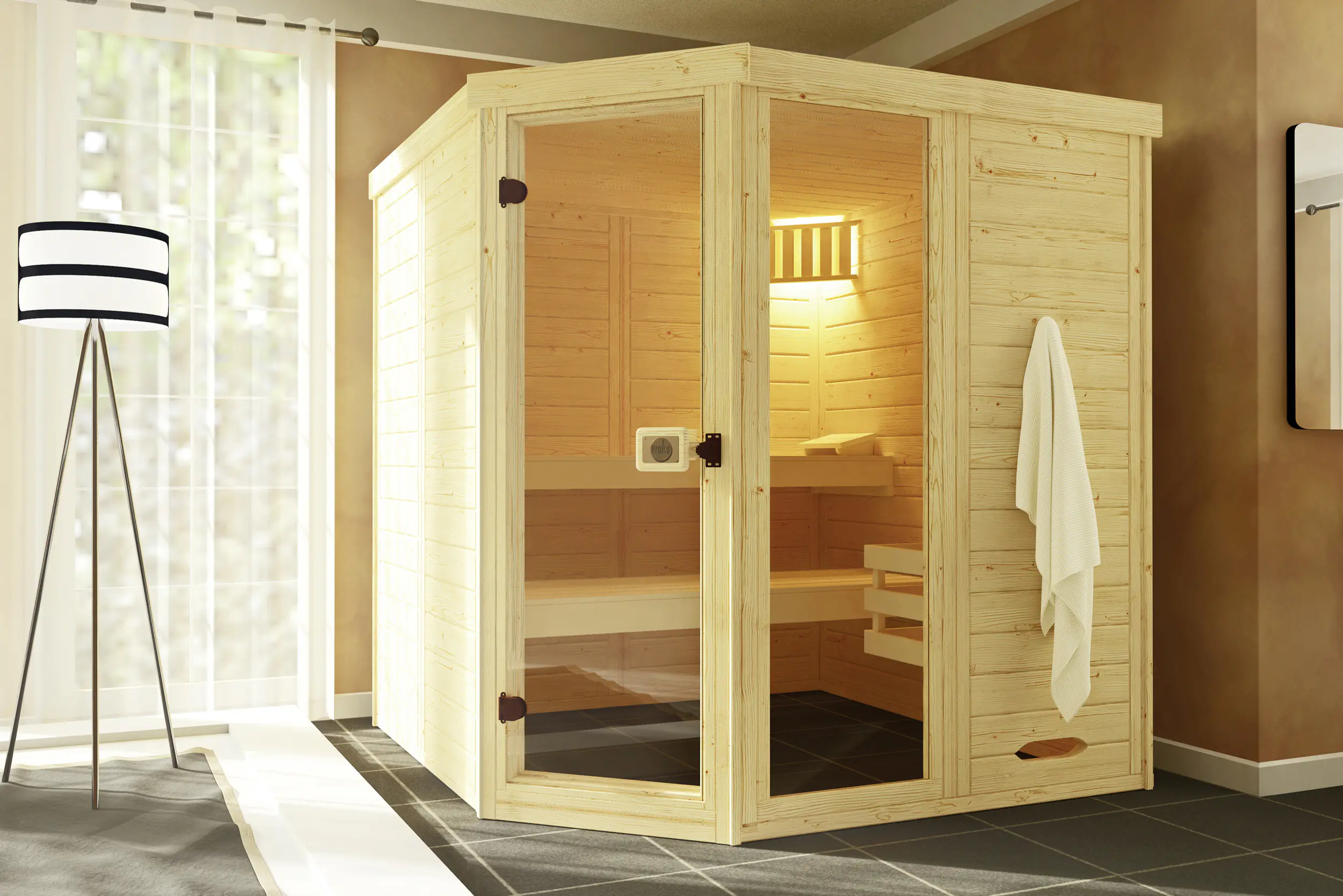 Weka Massivholz-Element-Sauna Laukkala 3 mit Glastür und Fenster
