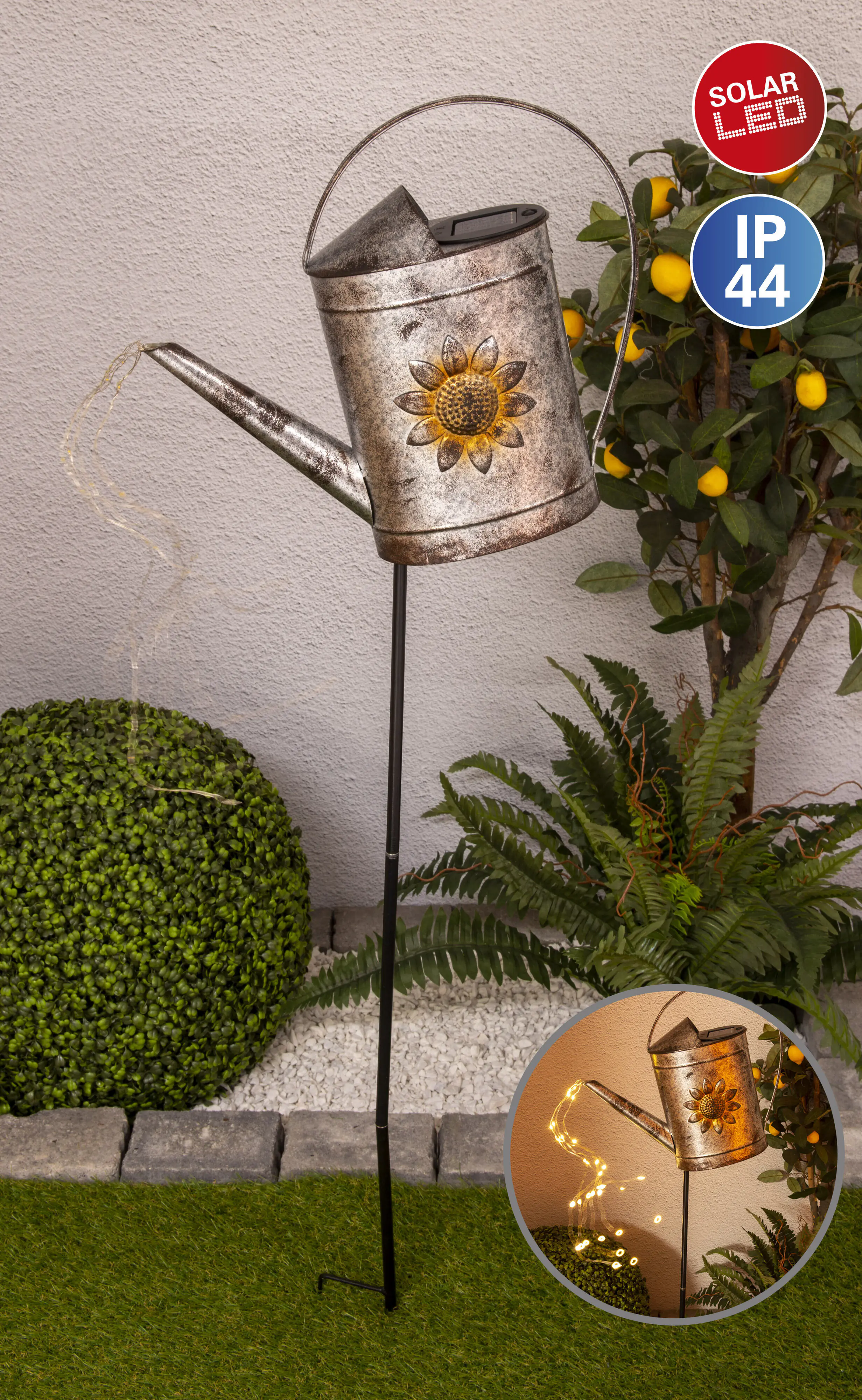 Näve Solar-Gartenleuchte LED mit Dämmerungssensor Gießkanne 110 cm silber 