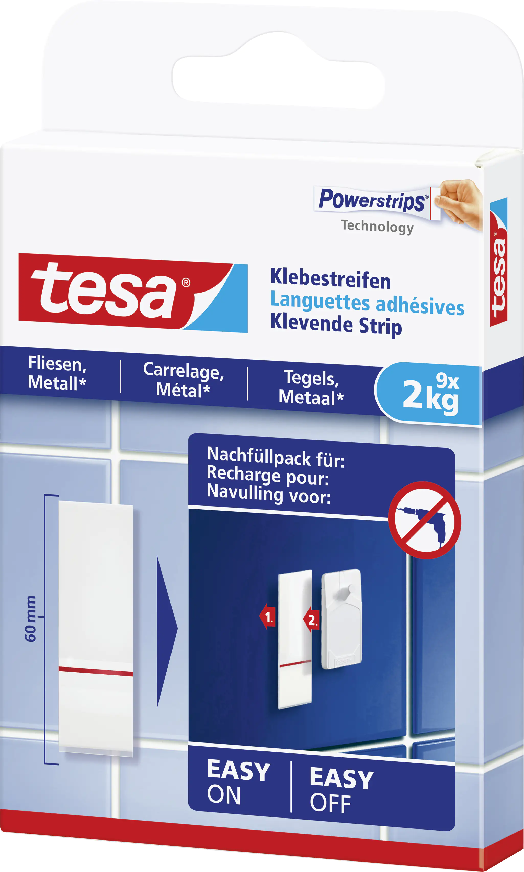 tesa Klebestreifen für Fliesen und Metall 9 Stück, Traglast 2 kg