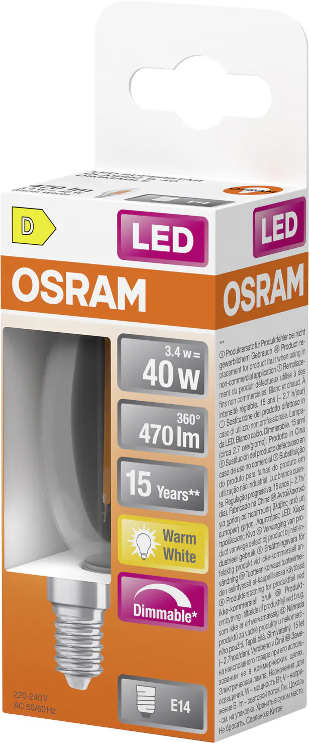 Osram LED Leuchtmittel E14 Superstar Classic 3,4W klar dimmbar warmweiß