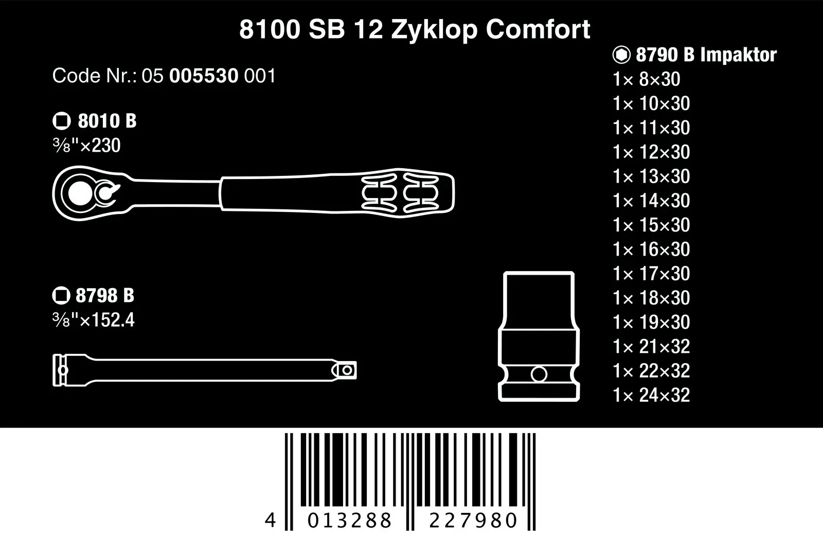 Wera Knarrensatz 8100 SB 12 Zyklop Comfort Umschalthebel 3/8" 16-teilig