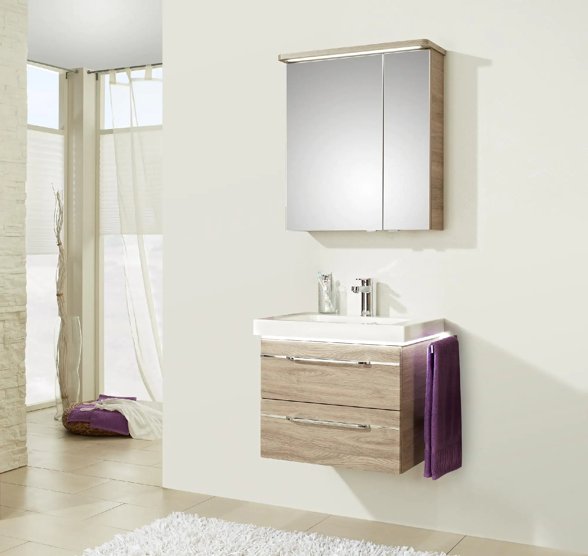 Pelipal Badmöbel-Set Balto Sanremo Eiche mit Leuchtfuge + Kranz-Leuchte 66 cm