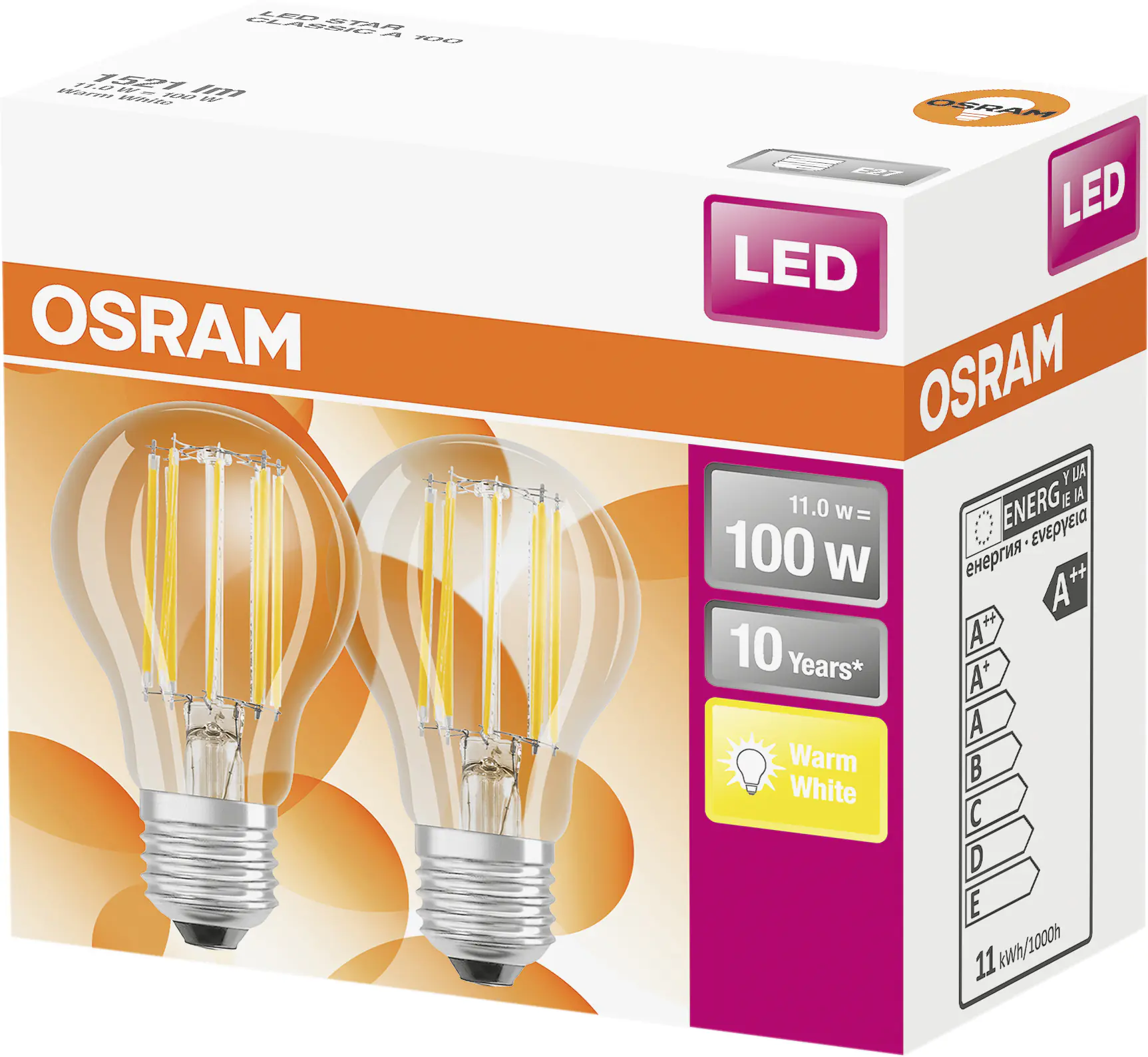 Osram LED Leuchtmittel Retro Classic E27 11W 2er-Pack warmweiß, klar