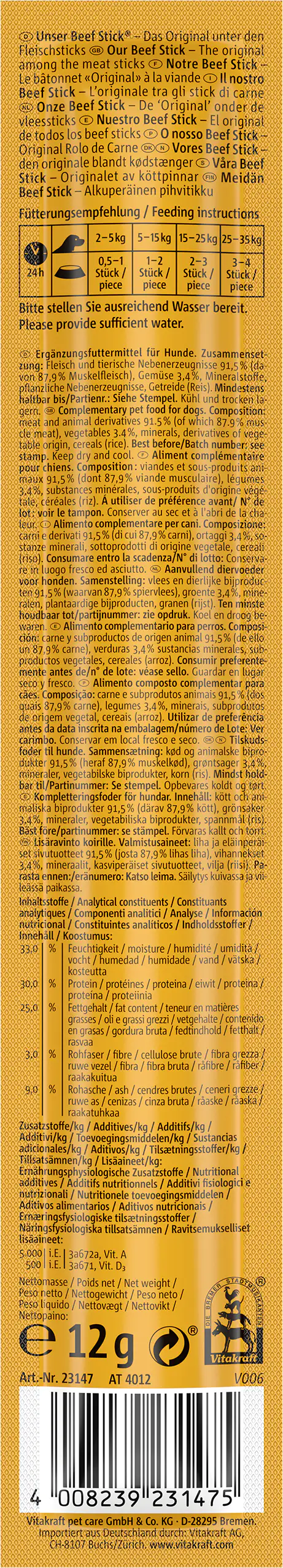 Vitakraft Beef Stick® Gemüse 1 Stück / 12 g Vitakraft Beef Stick® Gemüse 1 Stück / 12 g