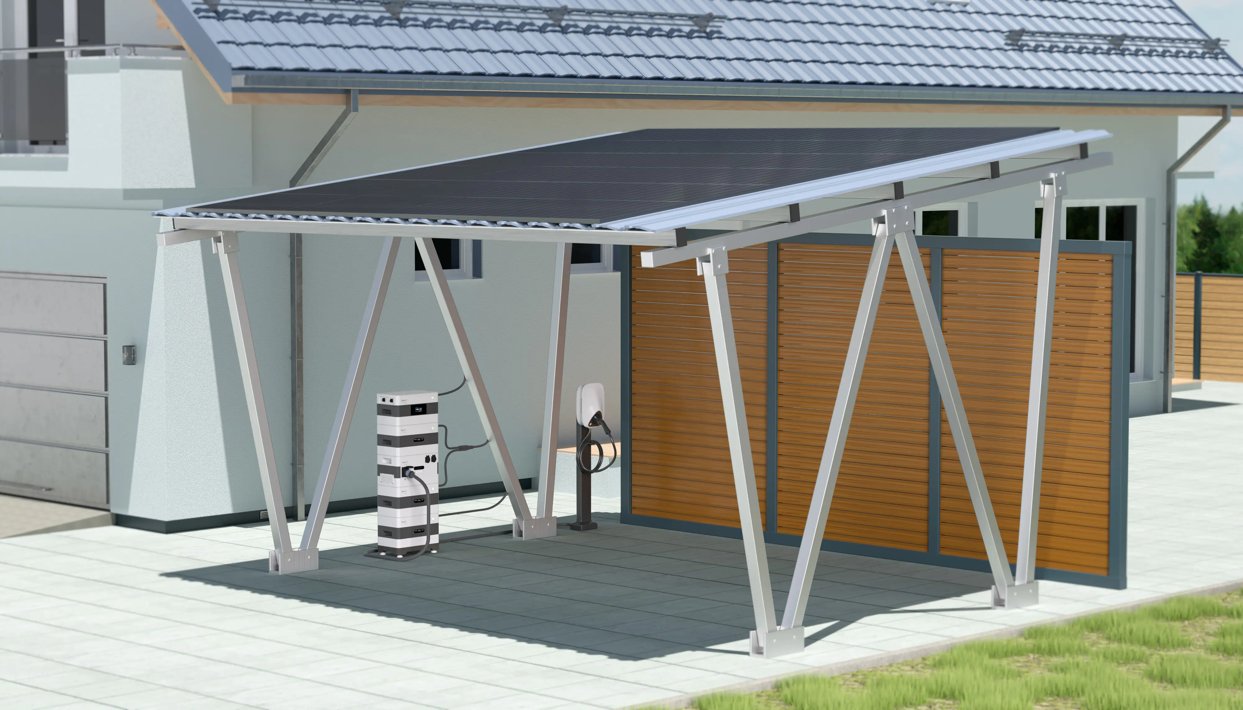Sunlit Twin Solar Carport 12 Solarmodule, 8,6 kWh Speicher, Wallbox Sunlit Twin Solar Carport 12 Solarmodule, 8,6 kWh Speicher, Wallbox