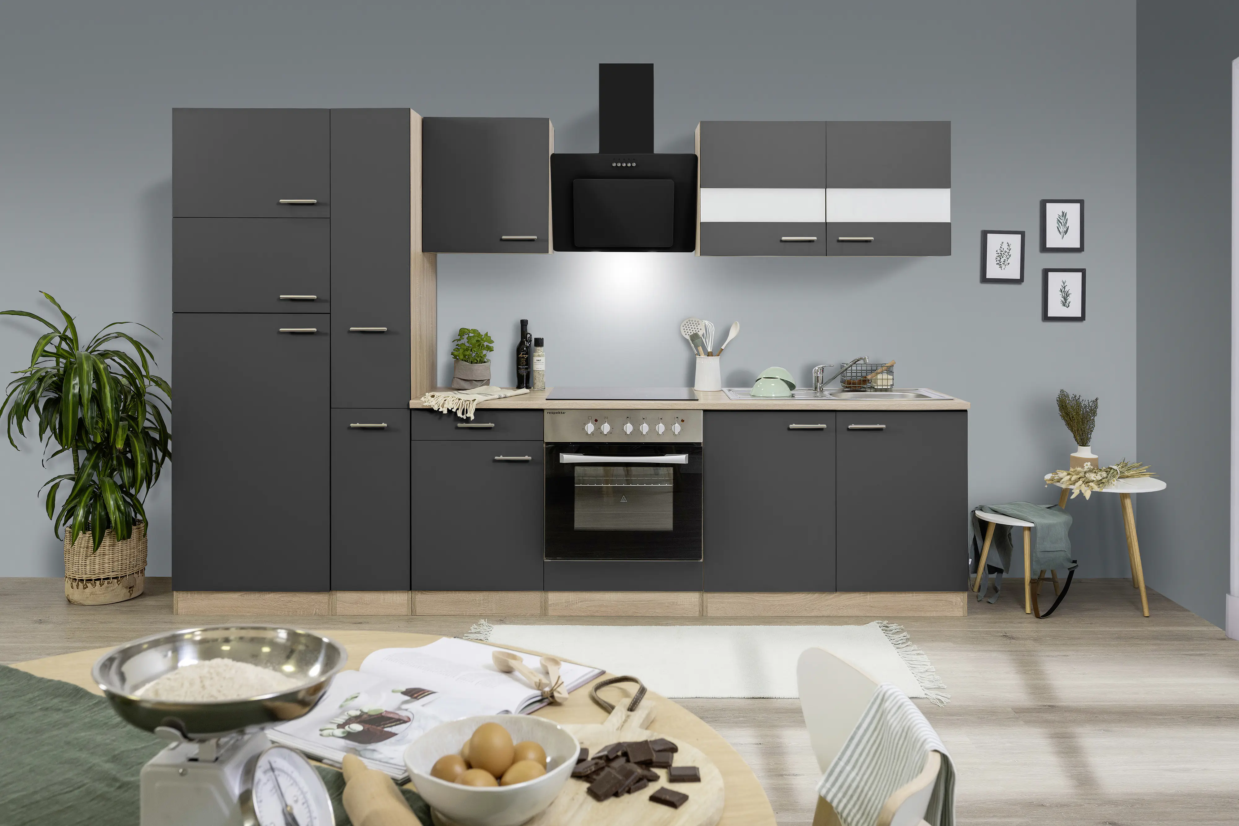 Respekta Economy Küchenblock 300 cm grau, Eiche Sonoma, KB300ESGCGKE