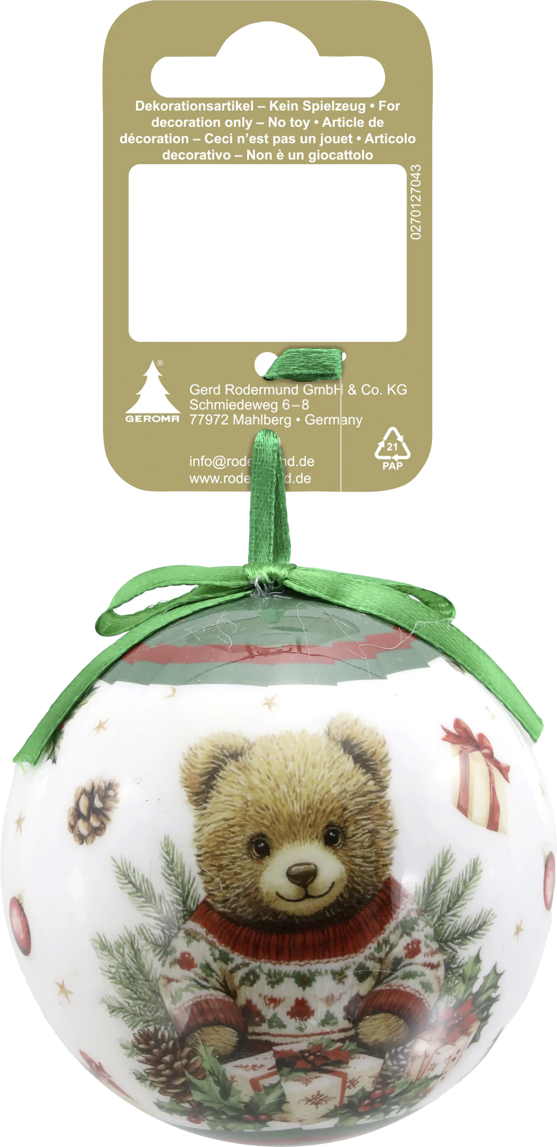 Weihnachtskugel Nostalgie Bär aus Kunststoff Ø 8 cm grün/weiß/braun/rot