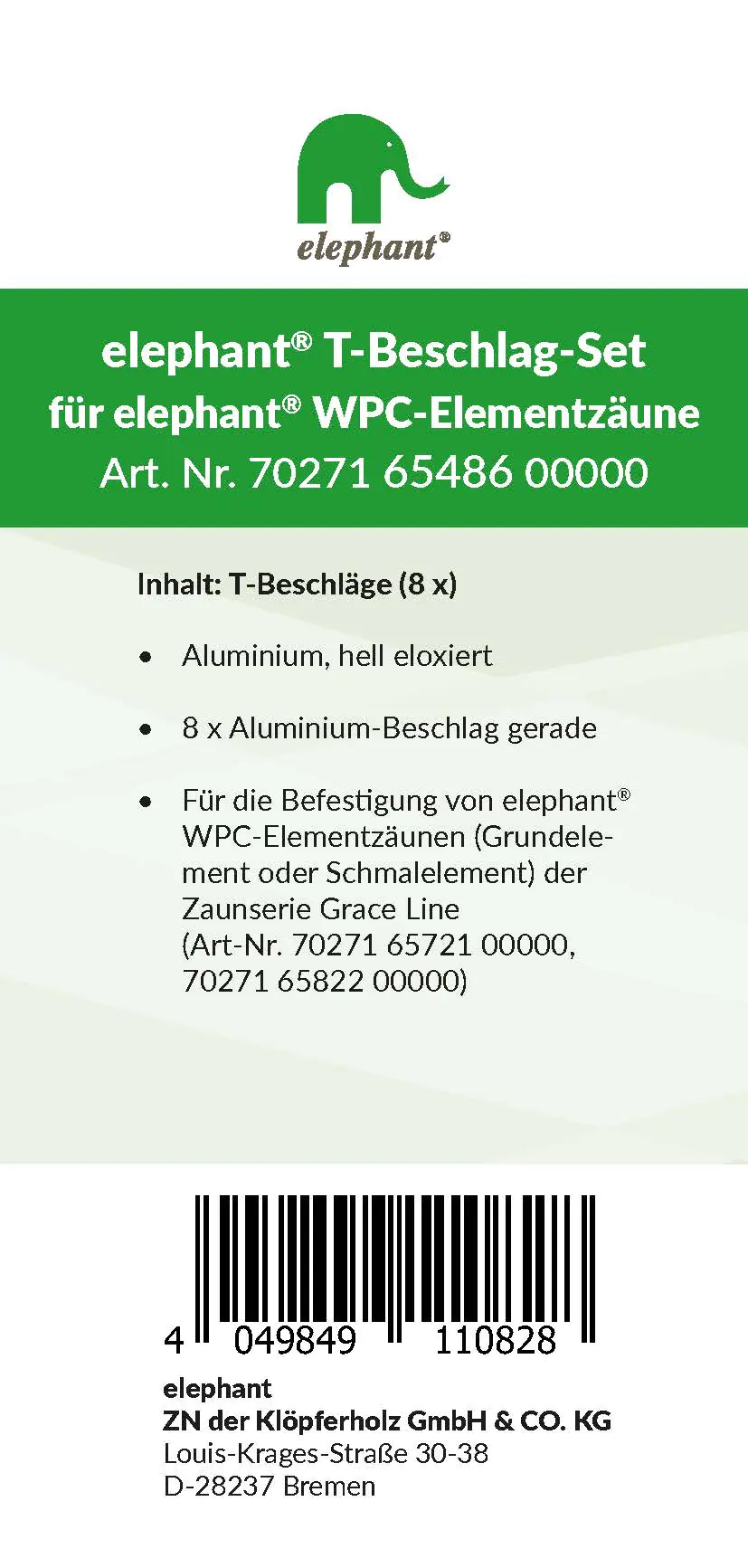 elephant T-Beschlagset Grace Line Grund-/Schmalelement eloxiert 8 Stück