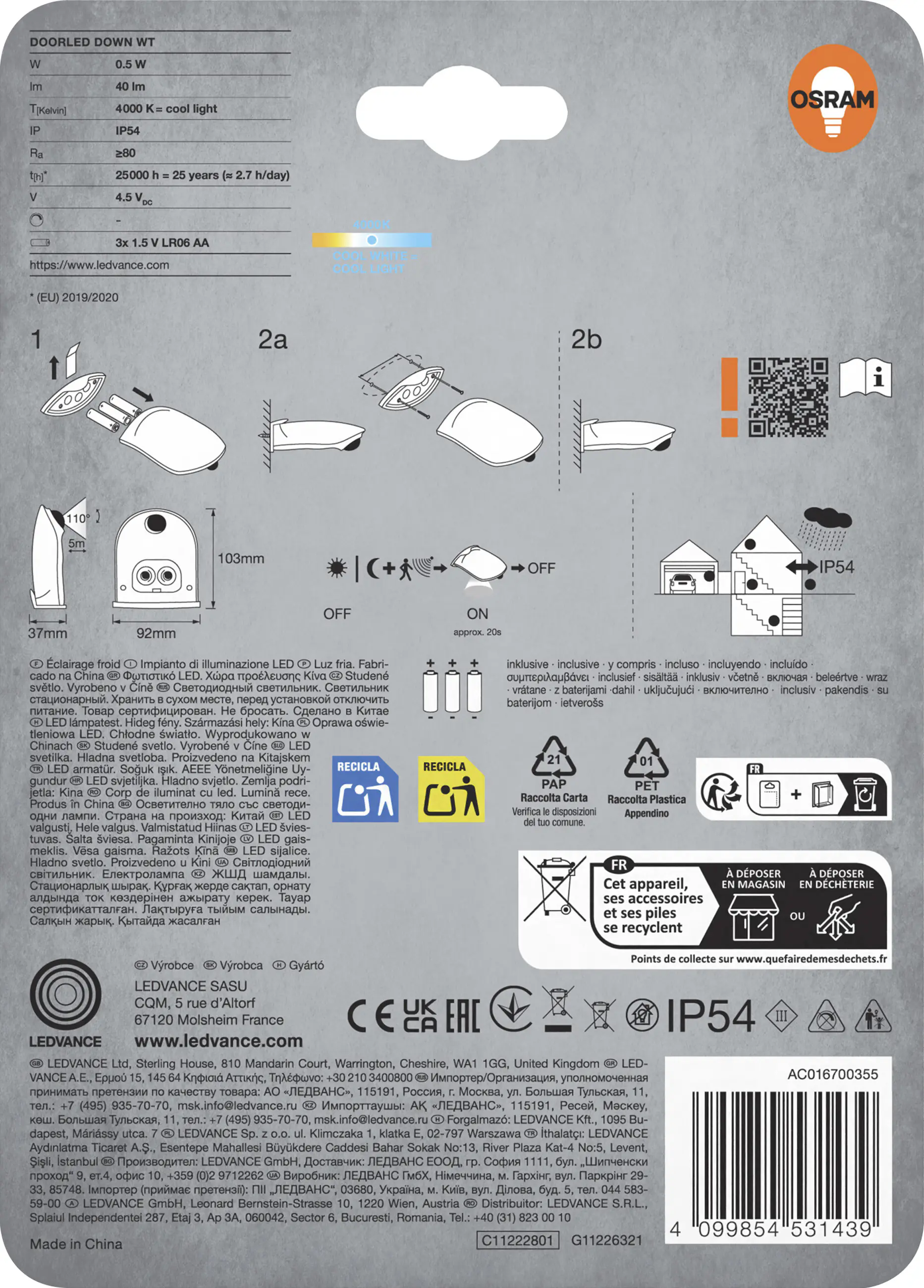 Osram LED-Außenleuchte Doorled Down mit Licht- & Bewegungssensor 10,25 cm kaltweiß weiß