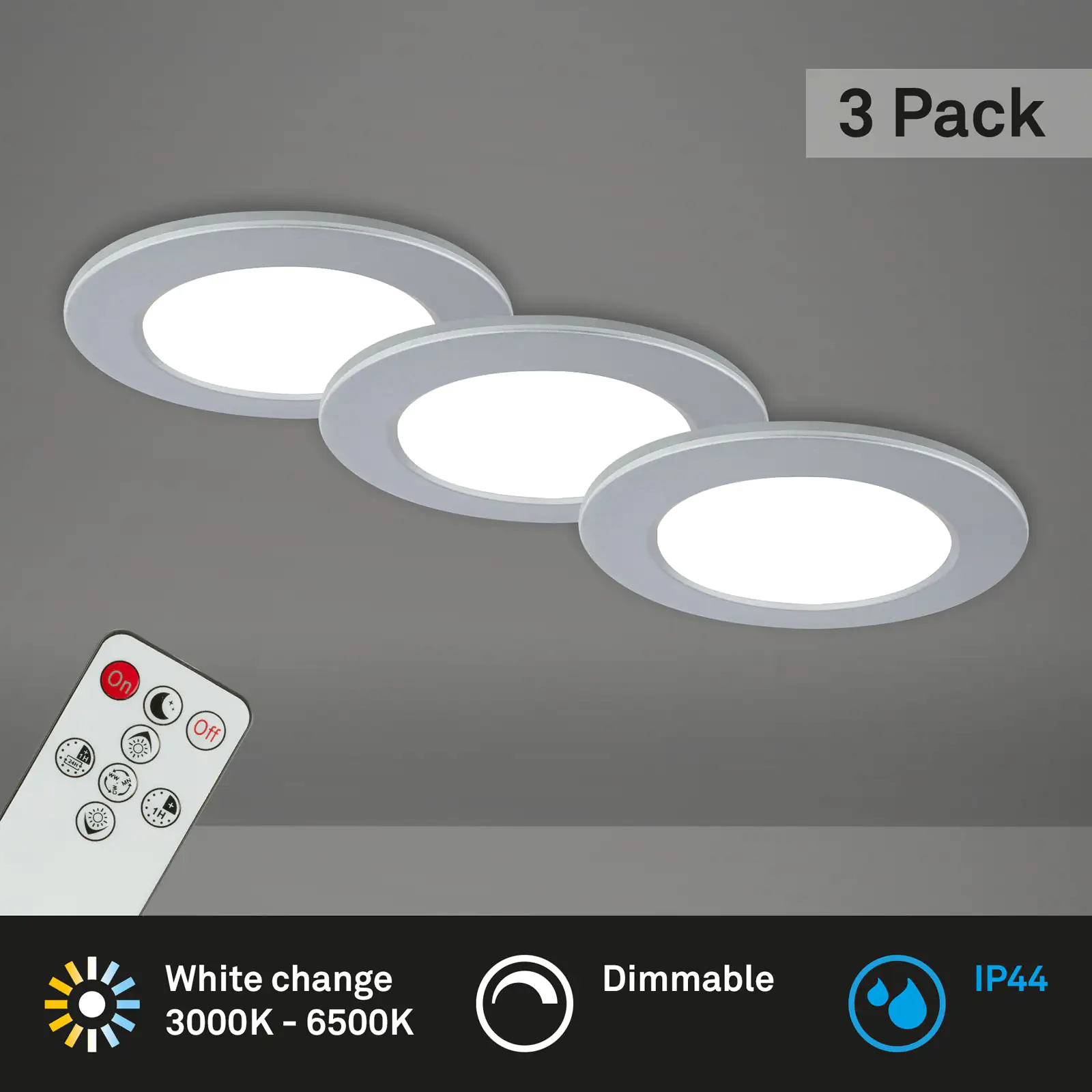 Di-Ka LED Einbauleuchte Fungo CCT 3er Set chrom-matt Ø 9,2 cm 4,8W dimmbar