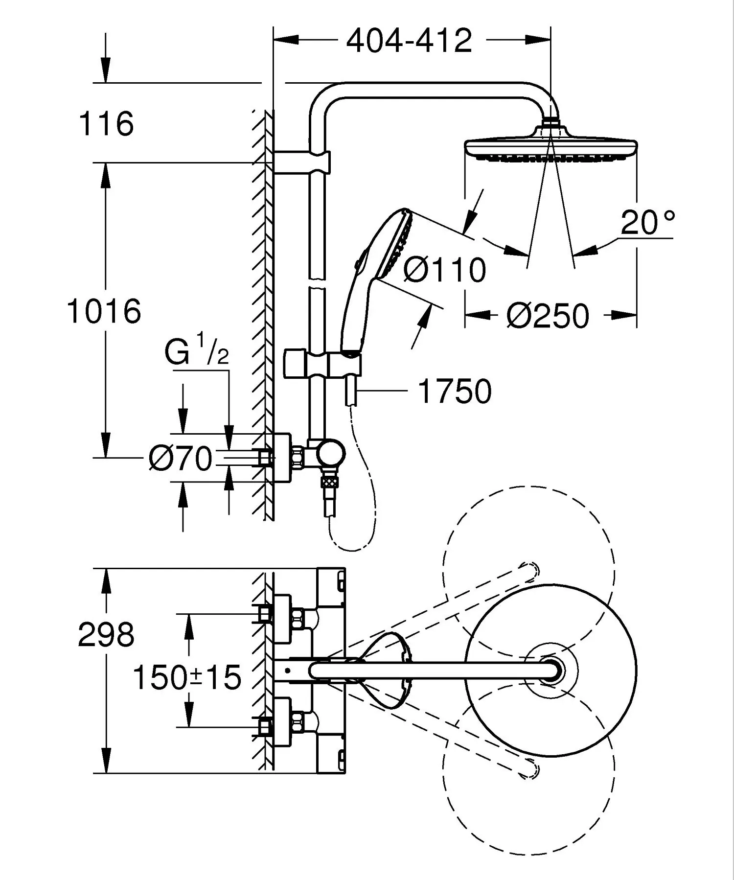Grohe Kopfbrausesystem Vitalio Start 250 mit Thermostat chrom 113 x 40 cm
