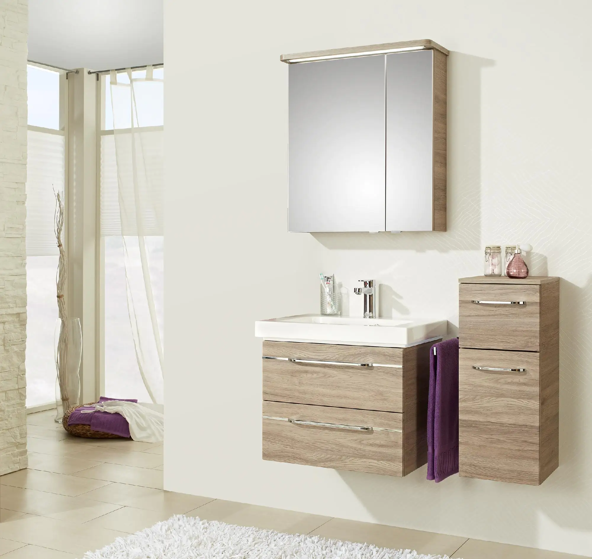 Pelipal Badmöbel-Set Balto Sanremo Eiche mit Kranz-Leuchte und Unterschrank 96 cm