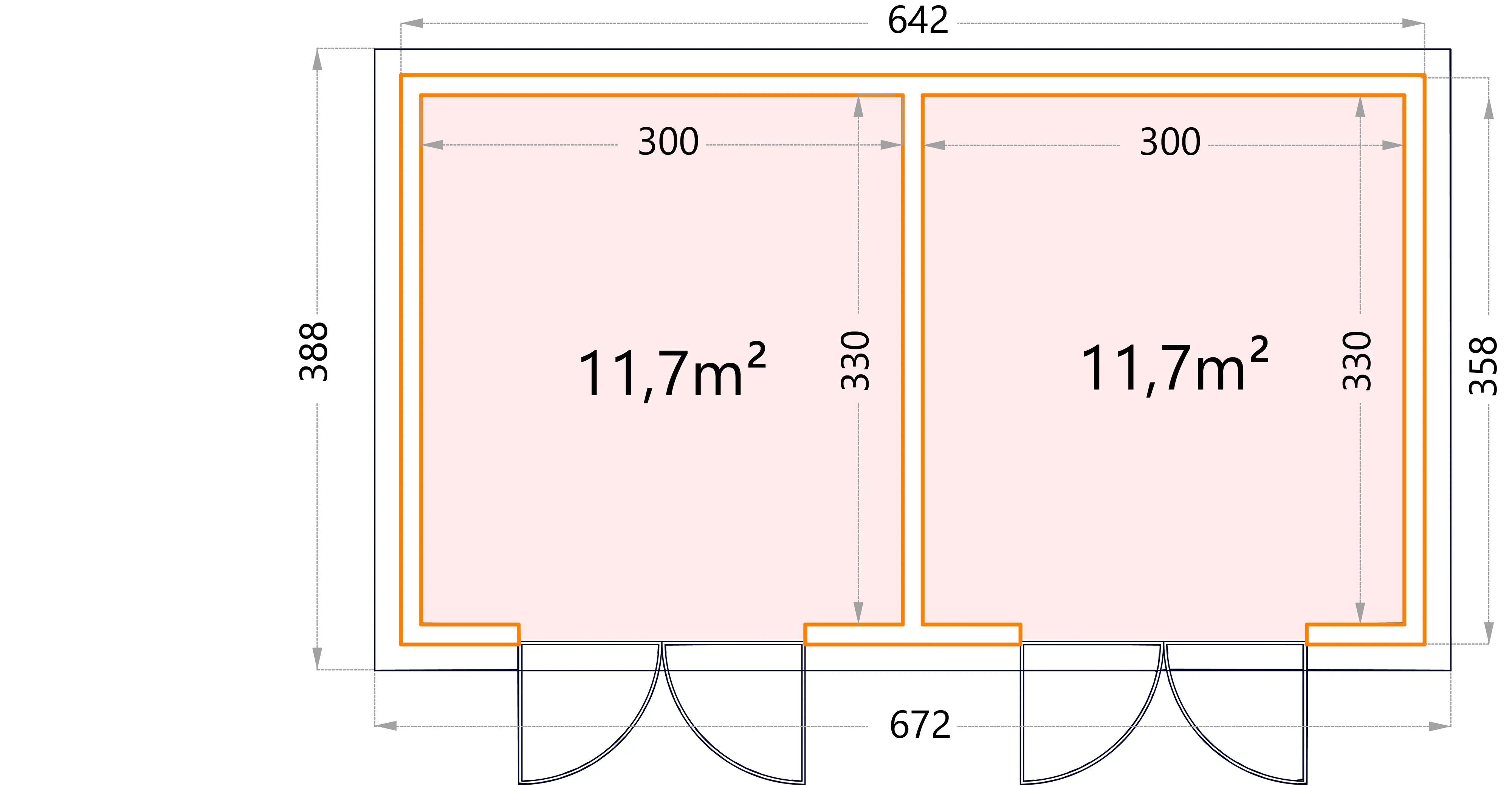 Telluria Gerätehaus DUO 3336+ lichtgrau 642 x 358 cm
