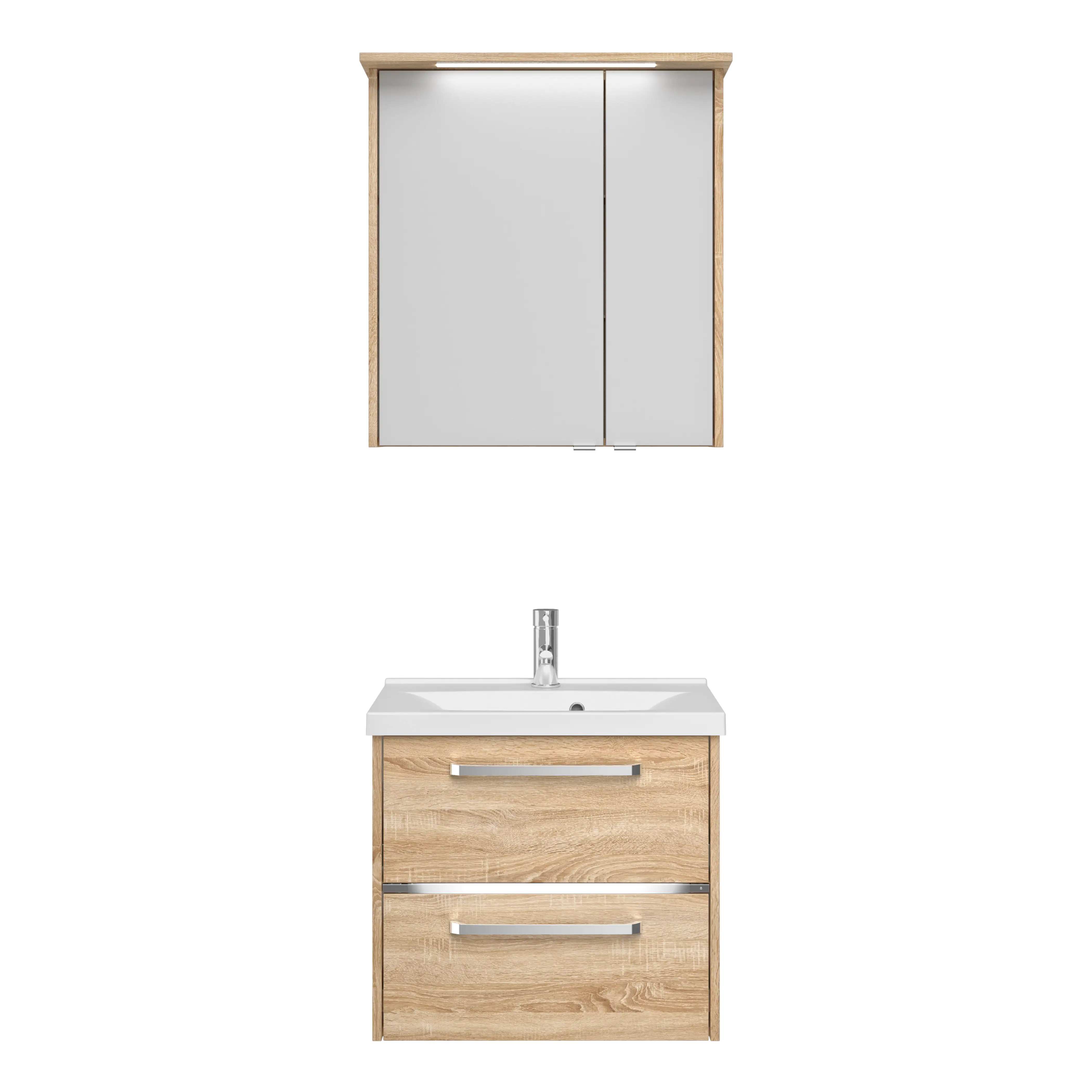 Primaster Badmöbelset Berlin eiche 65 cm Twin LED, Mineralgusswaschtisch