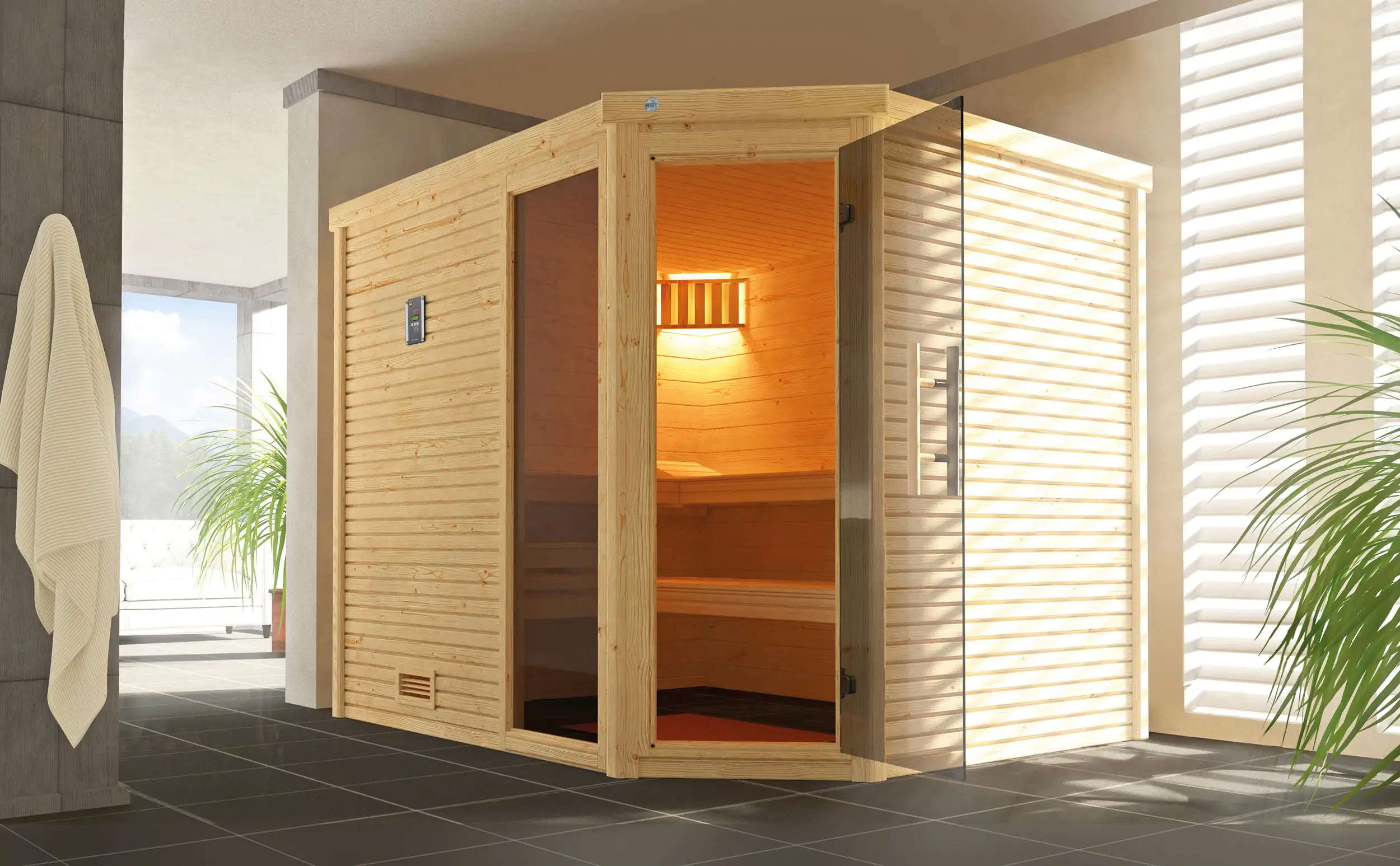 Weka Massivholzsauna Cubilis 3 Eck mit Glastür und Fenster Weka Massivholzsauna Cubilis 3 Eck mit Glastür und Fenster