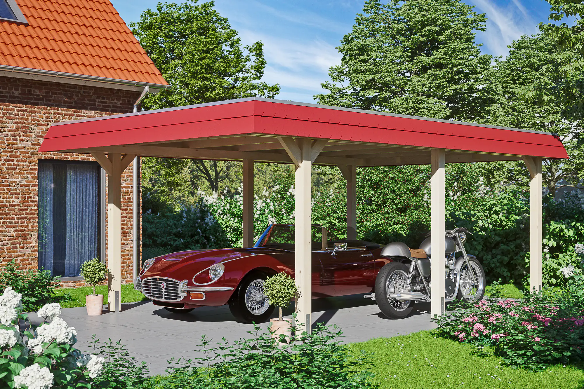 SKAN HOLZ Carport Wendland 409 x 628 cm mit Aluminiumdach, rote Blende