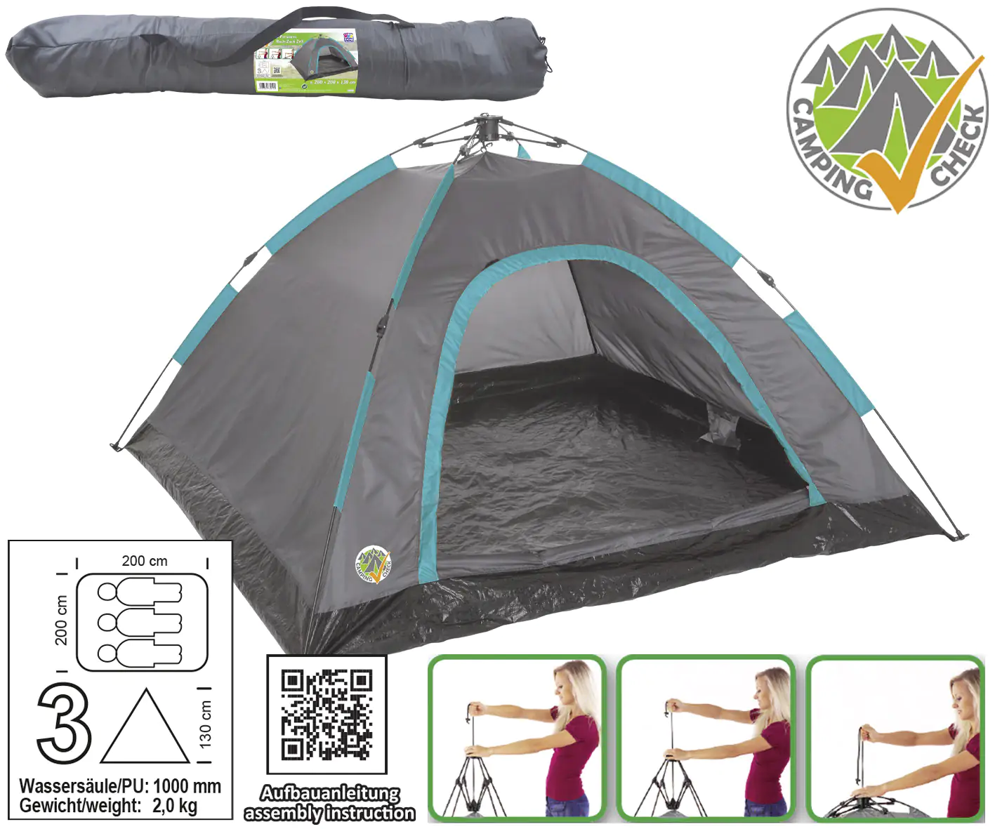 4008332789125 Happy People 3 Personen Ruck-Zuck-Zelt 200 x 200 x 200 x 130 cm