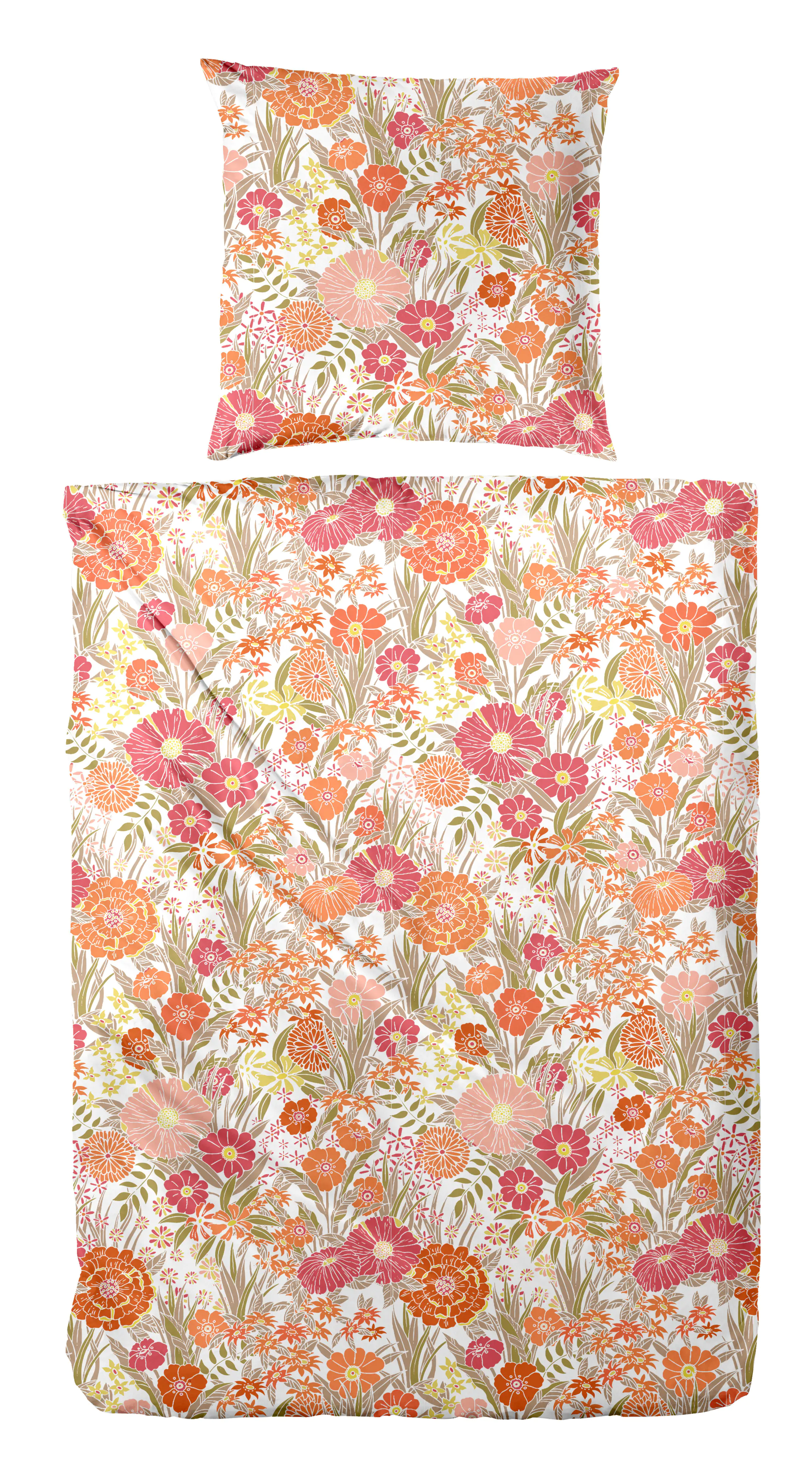 Vario Bettwäsche Baumwolle Perkal Floral orange-rot 135 x 200 cm  Vario Bettwäsche Baumwolle Perkal Floral orange-rot 135 x 200 cm