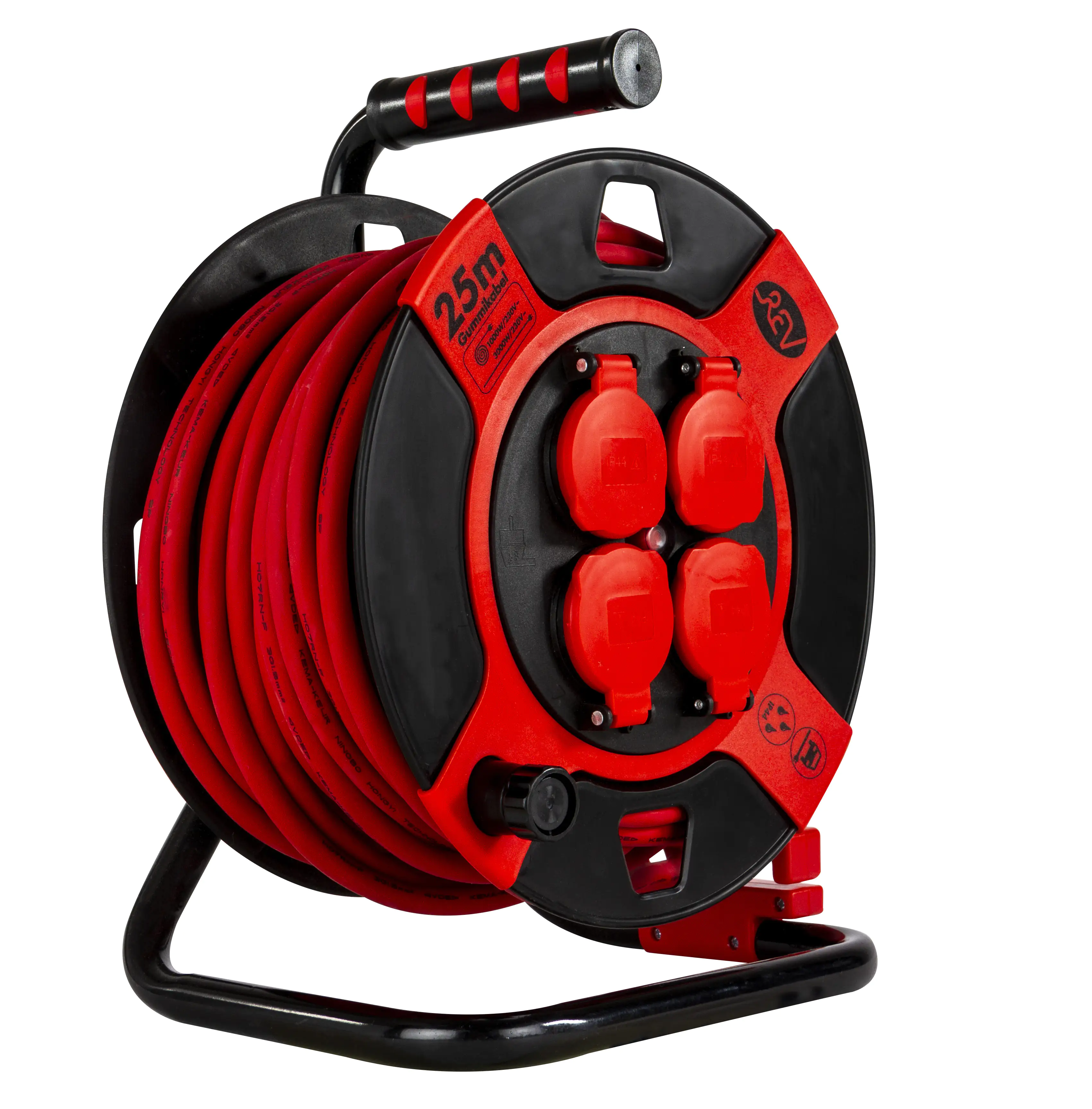 REV Kabeltrommel Außen 25m H07RN-F 3x1,5, rot, 4x Schutzkontaktstecker