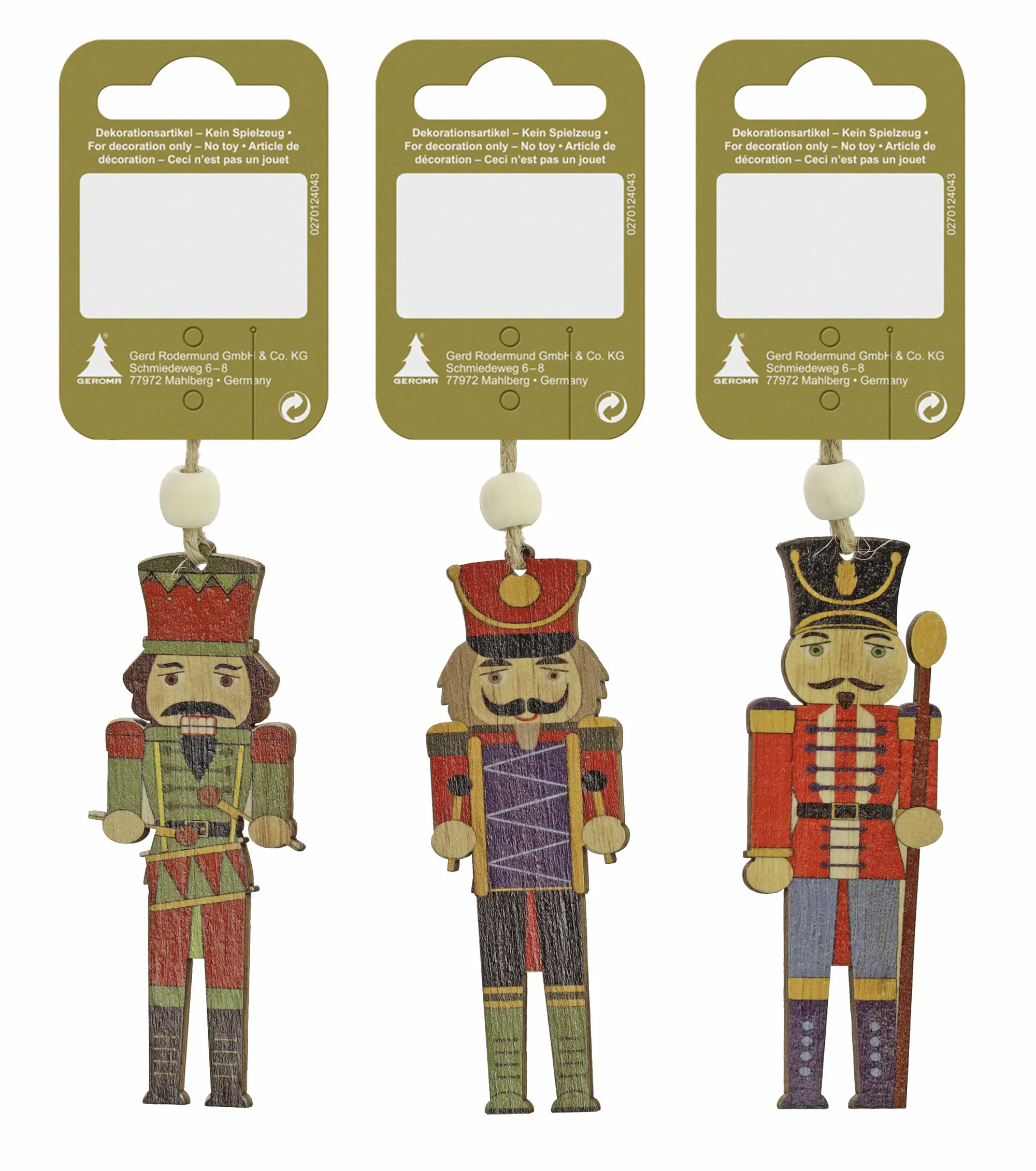 Weihnachtsanhänger Nussknacker aus Holz 9 cm bunt 3-fach sortiert