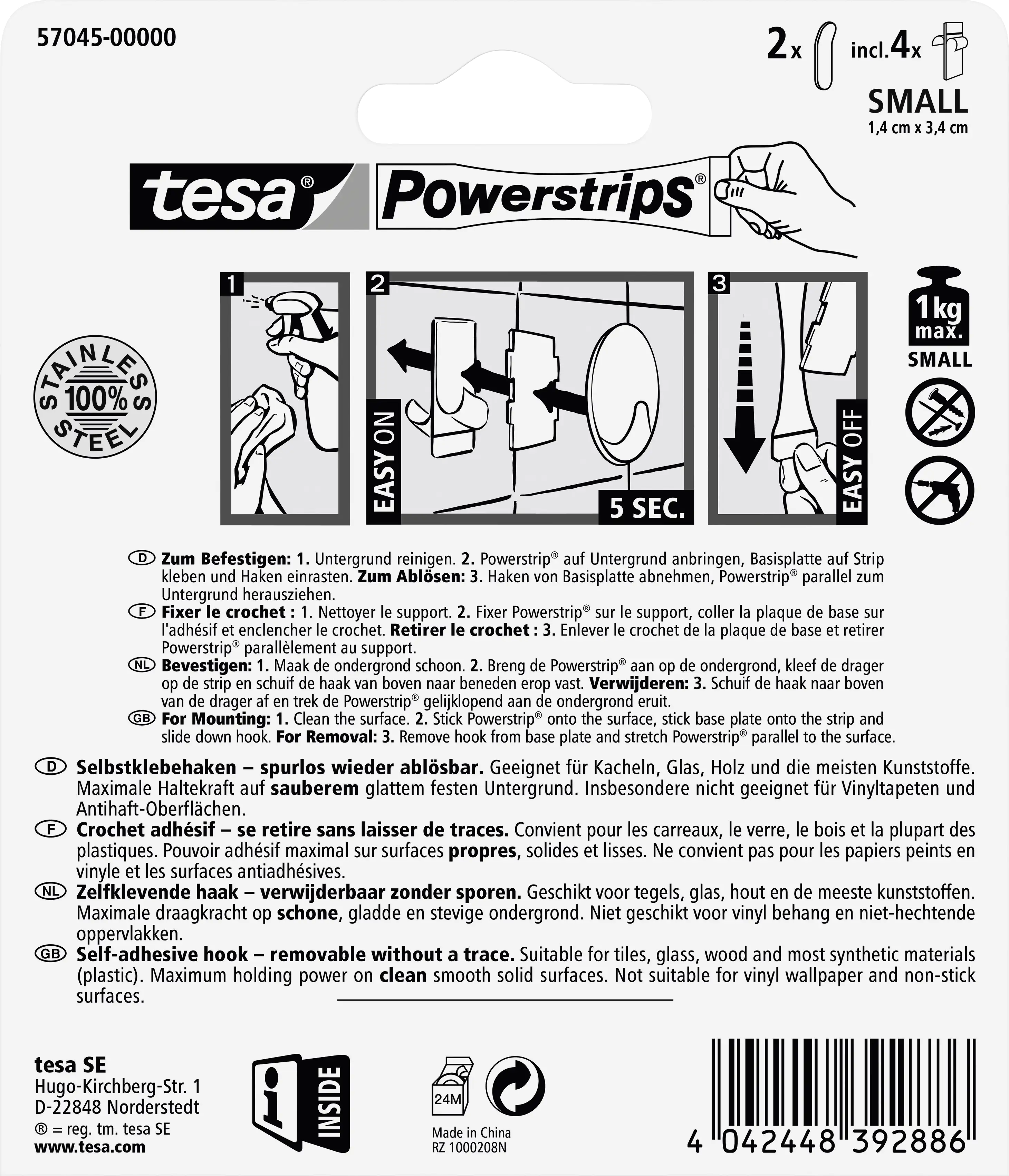 tesa Powerstrips Haken Small rechteckig, Edelstahl