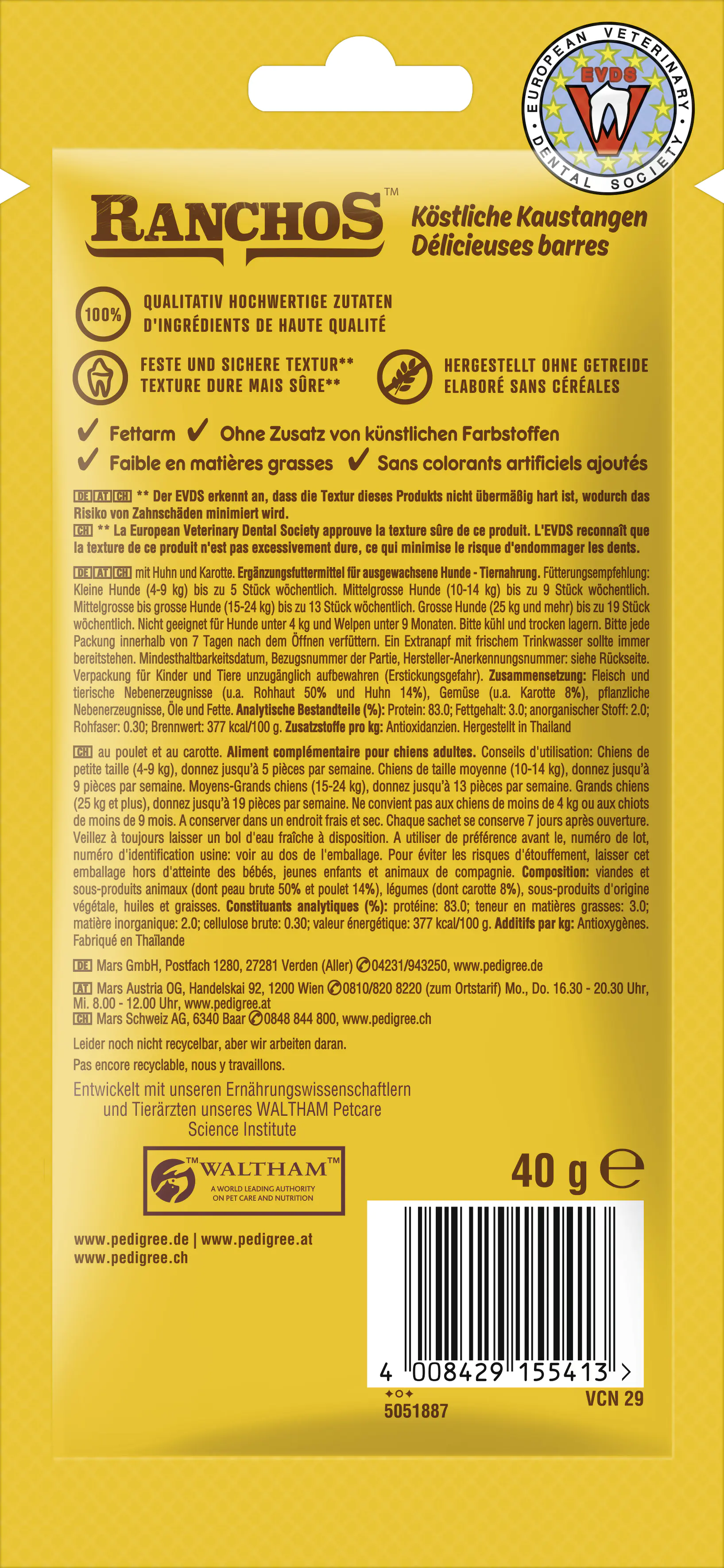 PEDIGREE® RANCHOS Beutel Köstliche Kaustangen mit Huhn & Karotten 12 x 40g