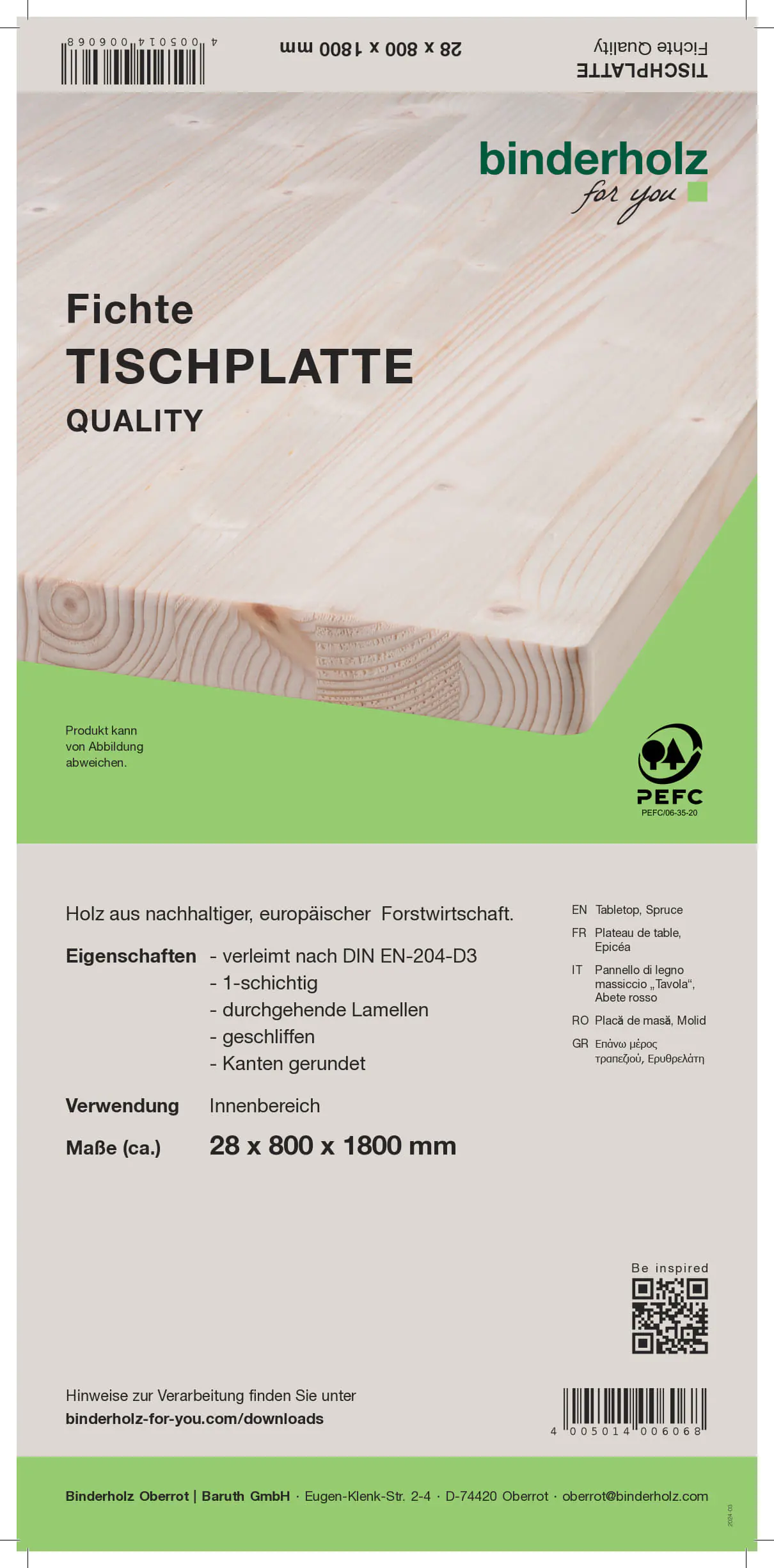 Tischplatte Fichte Oberfläche geschliffen 180 x 80 cm 28 mm