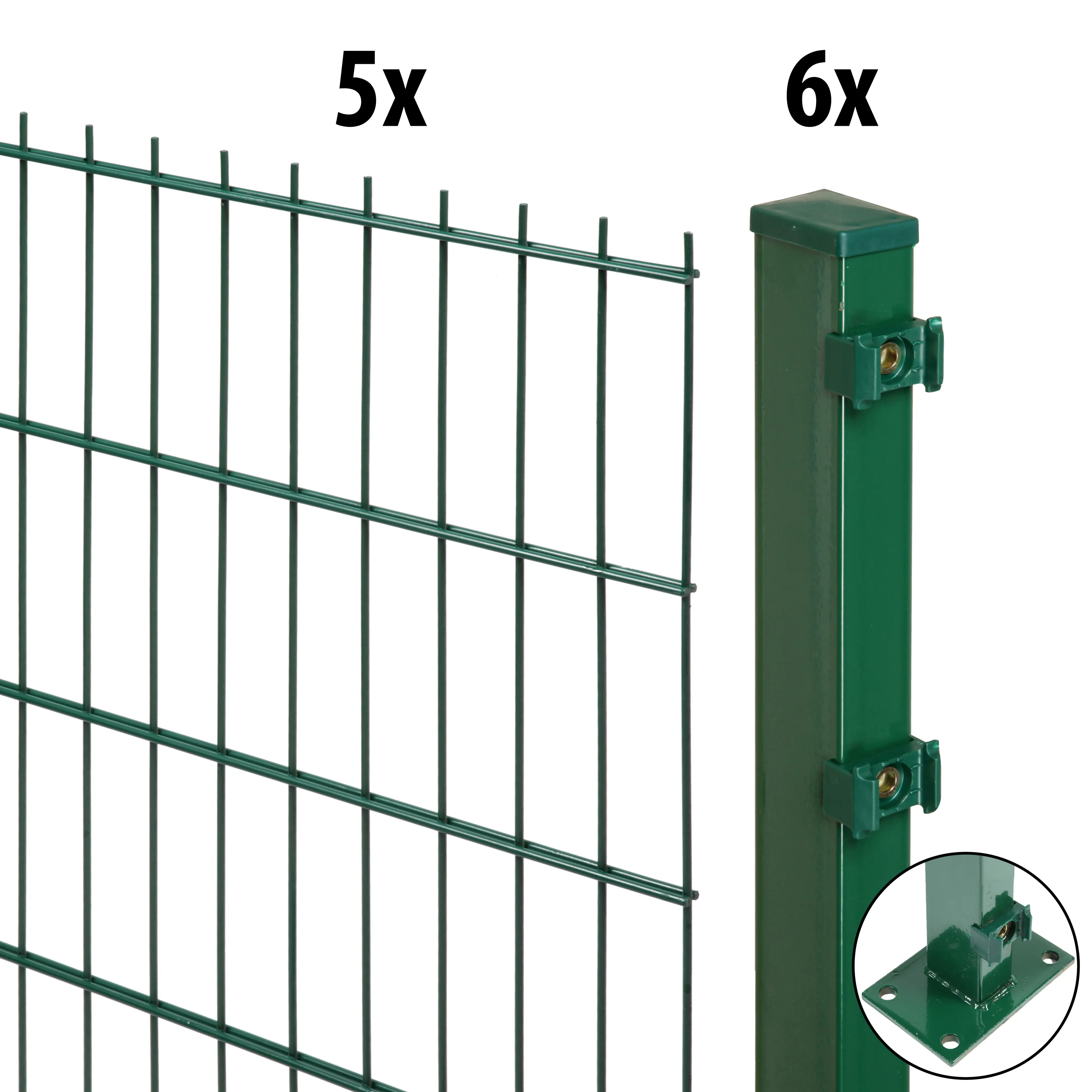 Floraworld Doppelstabmatten-Zaun Set Comfort 10 m 201 x 83 cm mit Bodenplatte & 6 Pfosten 89,3 cm moosgrün