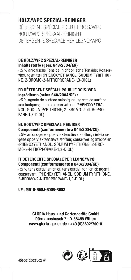 Gloria Holz und WPC Spezial-Reiniger Reinigungsmittel für Holzterrasse 1 L Gloria Holz und WPC Spezial-Reiniger Reinigungsmittel für Holzterrasse 1 L